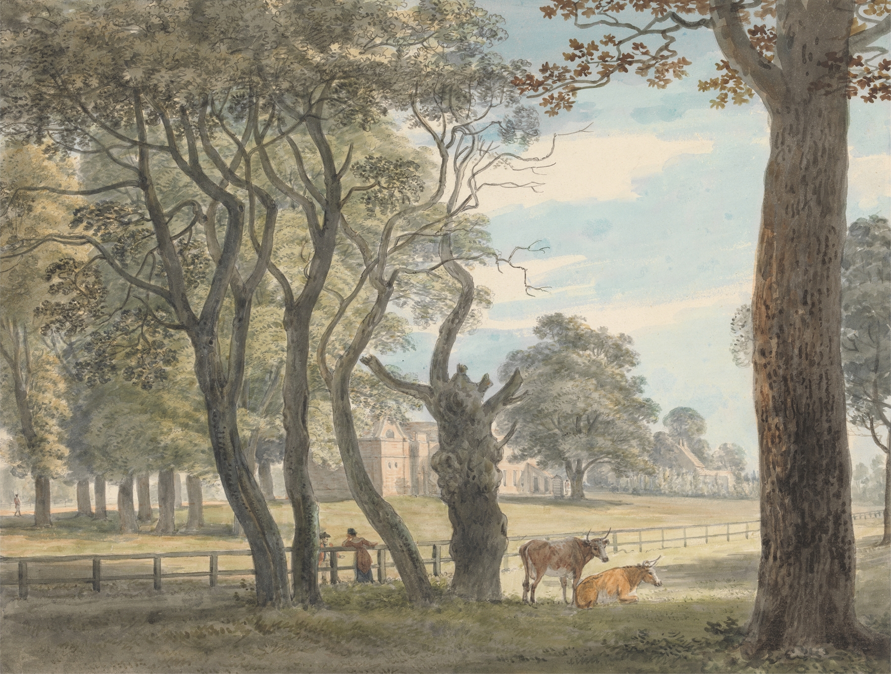 The Gunpowder Magazine, Hyde Park by Paul Sandby, oil painting depicting a tranquil landscape.