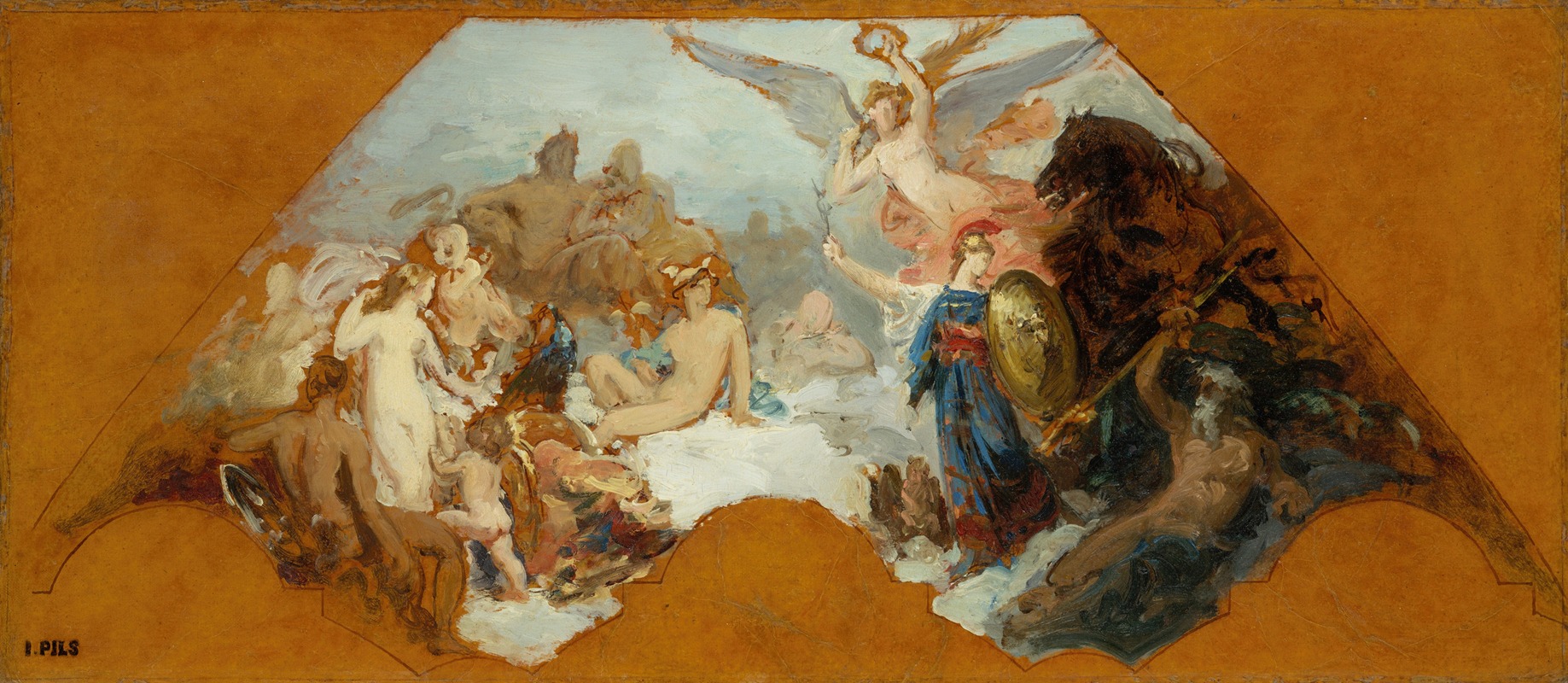 A depiction of Minerva battling brute force, showcasing the conflict between wisdom and violence.