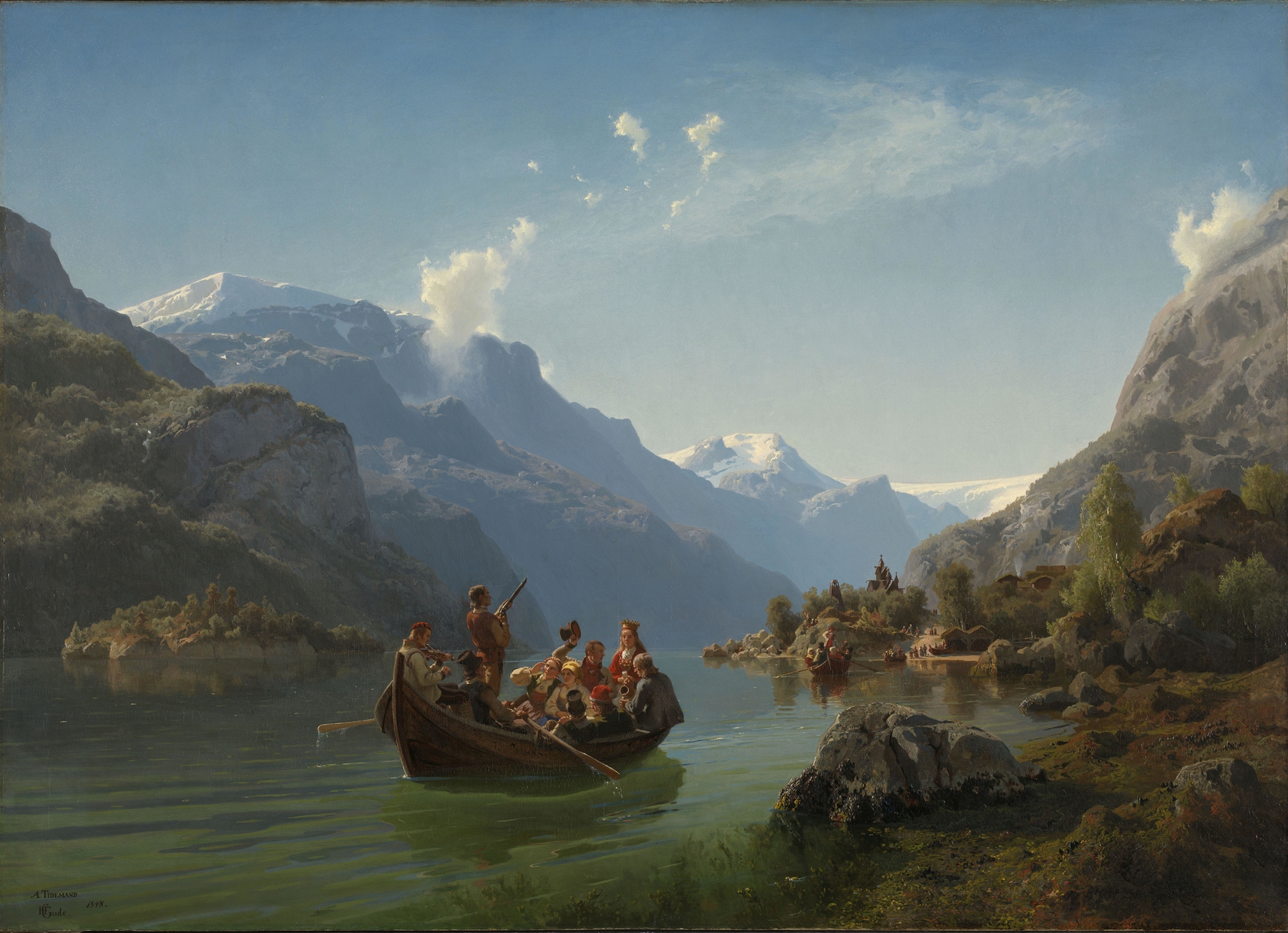 Bridal Procession on the Hardangerfjord, oil painting by Adolph Tidemand, featuring a joyful bridal scene.