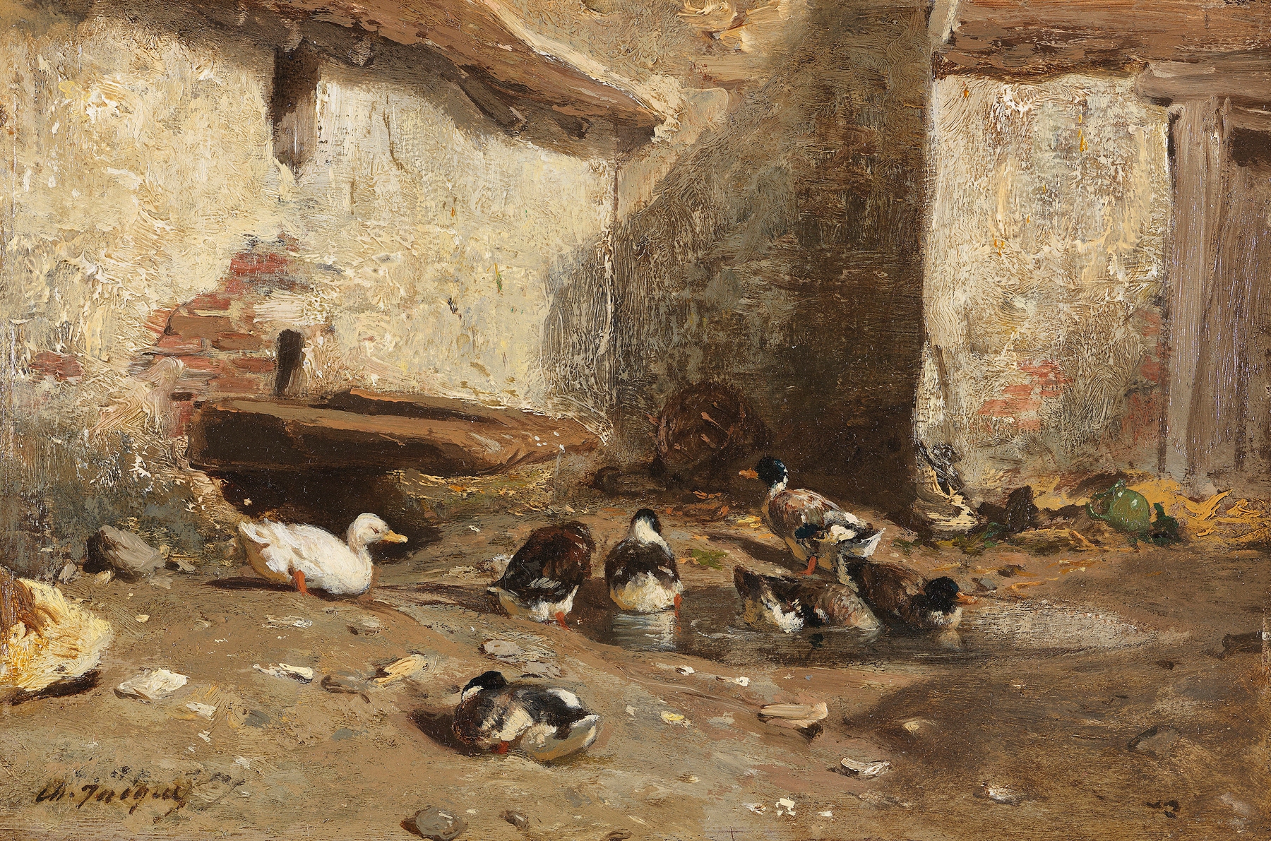 Ducks in the courtyard, oil on canvas by Charles Emile Jacque