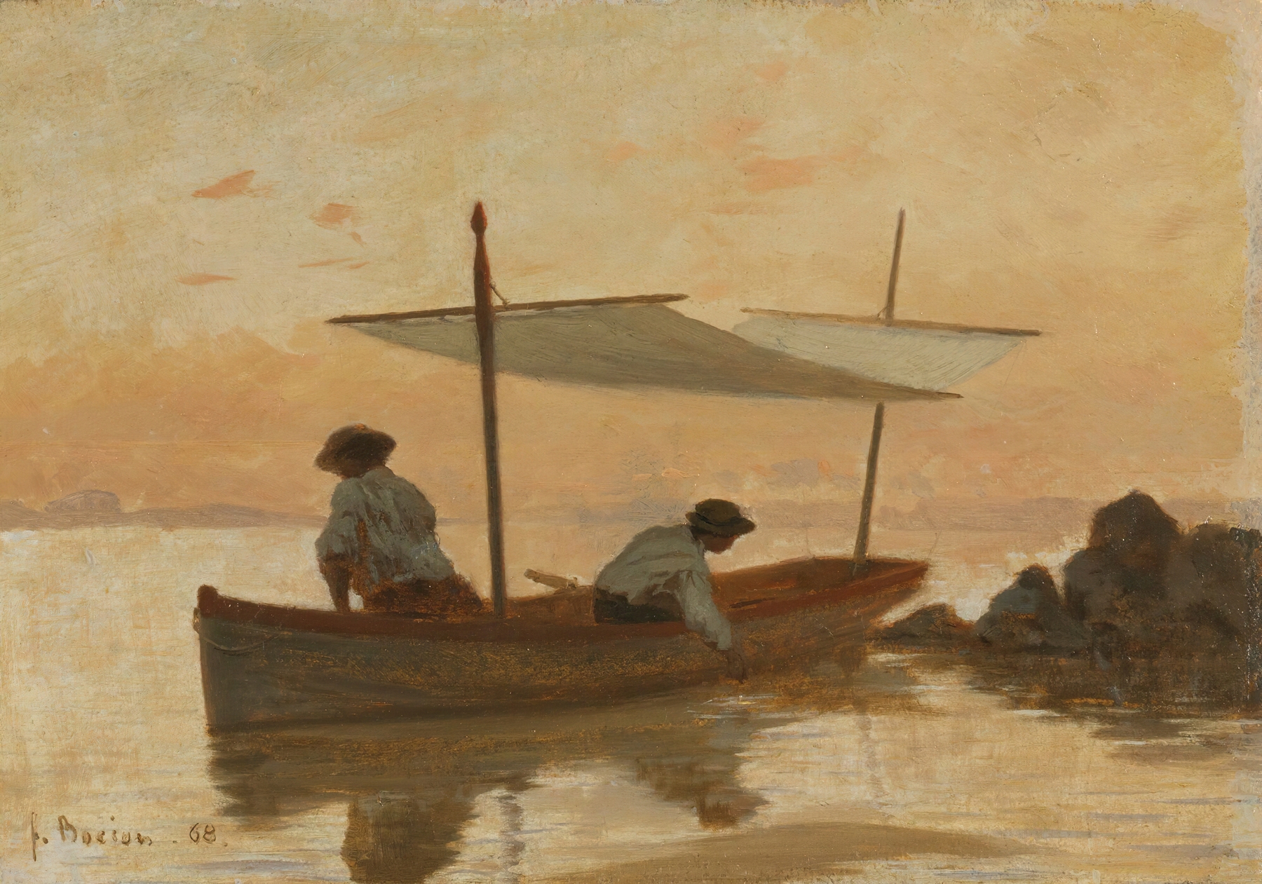 Boat on a beach with waves, oil on canvas by François Bocion