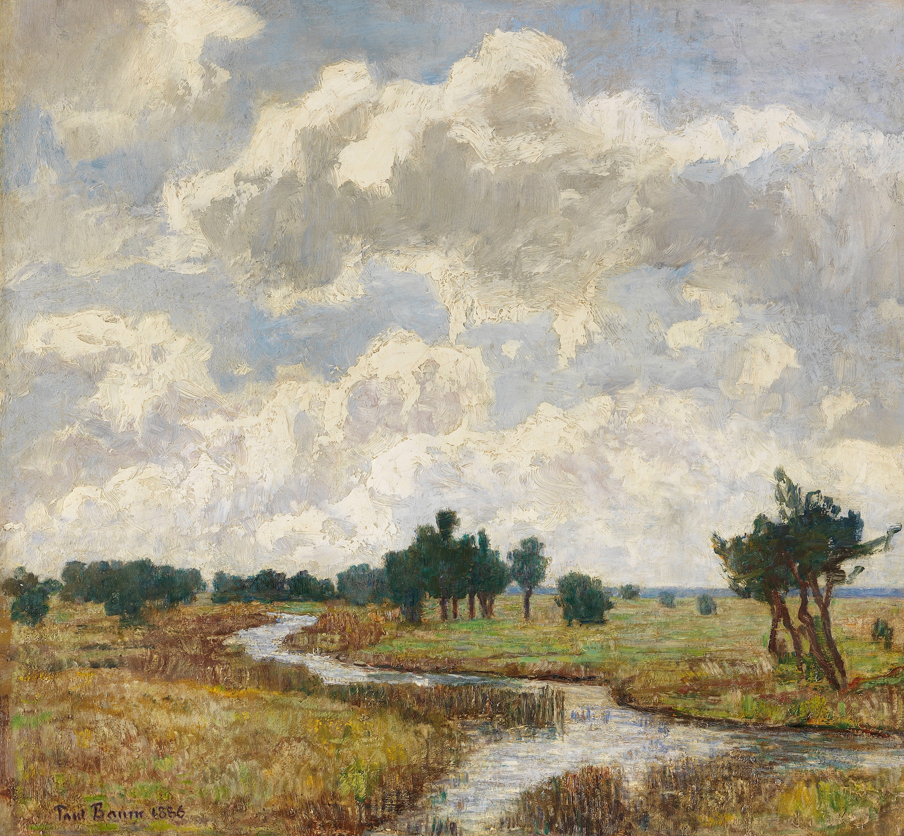 Sonnig-wolkiger Himmel über moorigen Wiesen mit Bachlauf, by Paul Baum, public domain