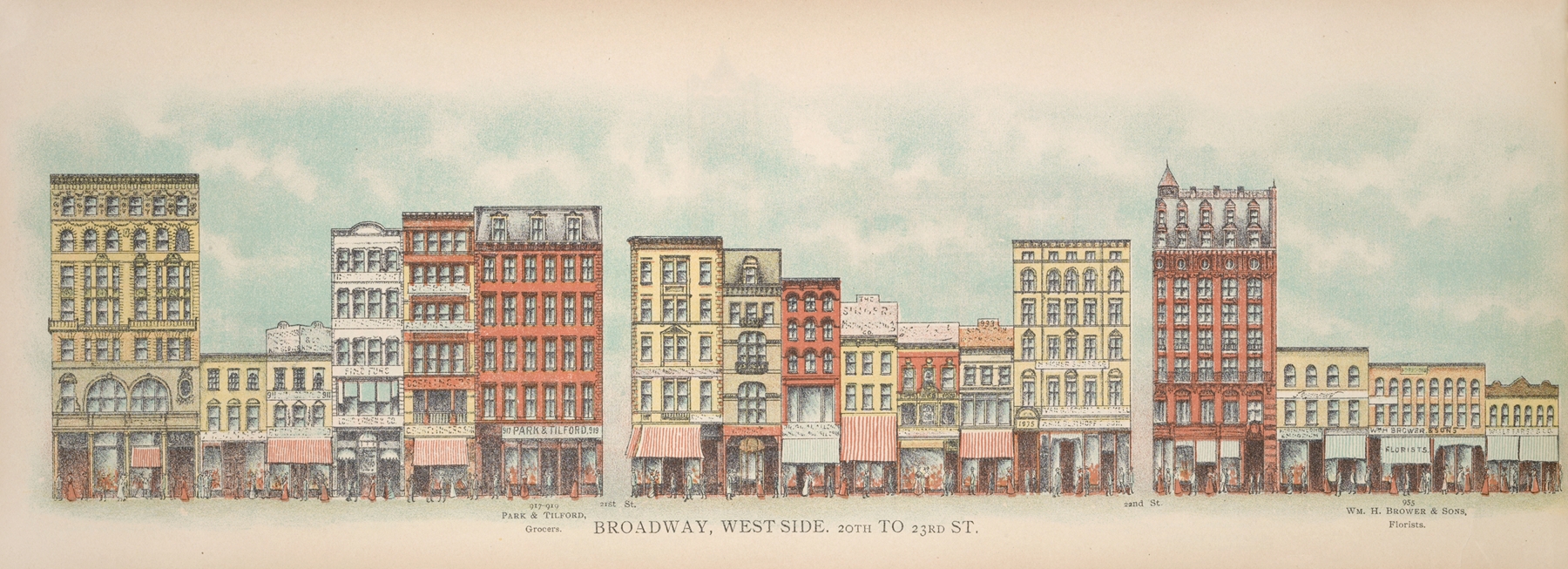 Genre scene depicting urban life with pedestrians and storefronts by Mail & Express, 1899