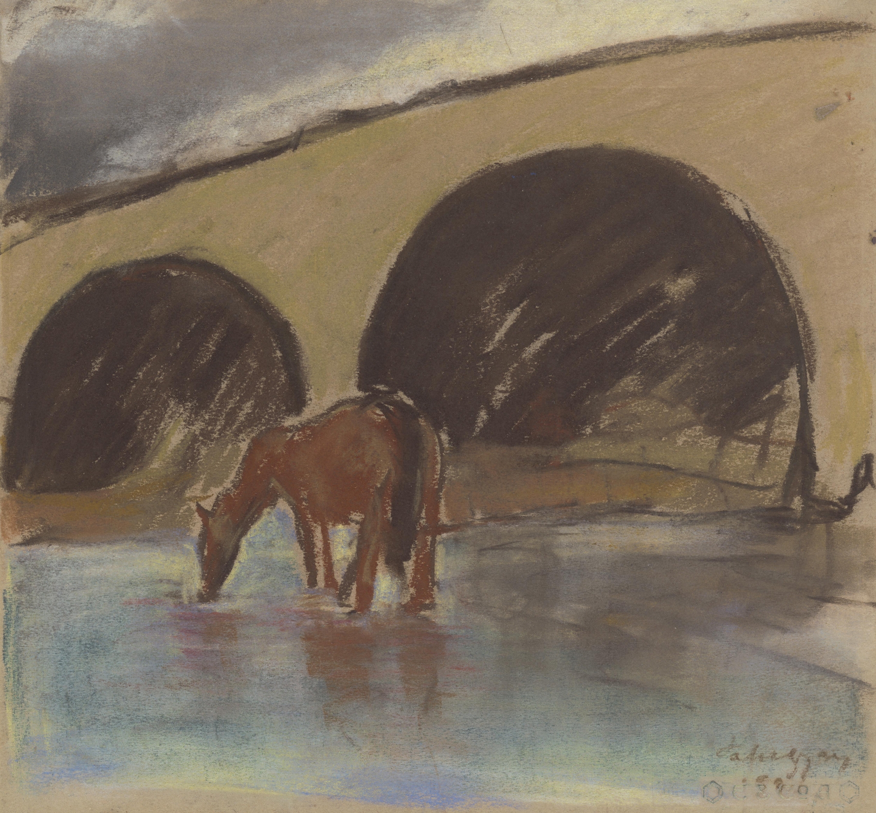 Horse drinking from a river under an arch bridge, oil on canvas by Zolo Palugyay