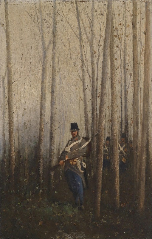 This painting depicts soldiers in a forest setting, showcasing August von Pettenkofen's attention to detail.
