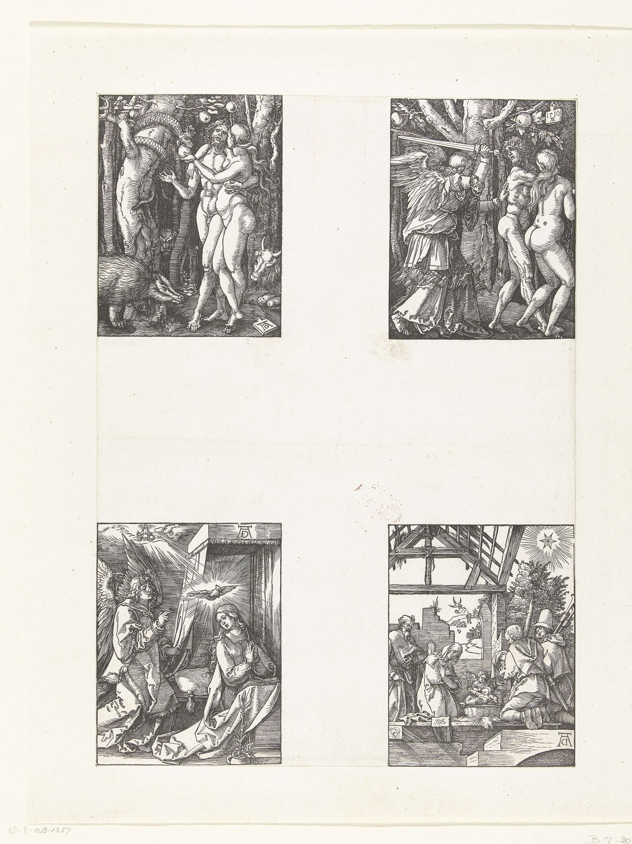 Zondeval, Adam en Eva verdreven uit het paradijs, Annunciatie, Aanbidding der herders, by Albrecht Dürer, public domain