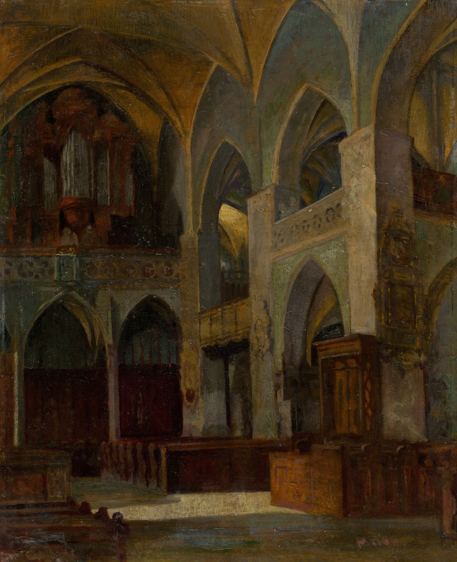 Interior of a church with intricate altar details, oil painting by Florián Milan