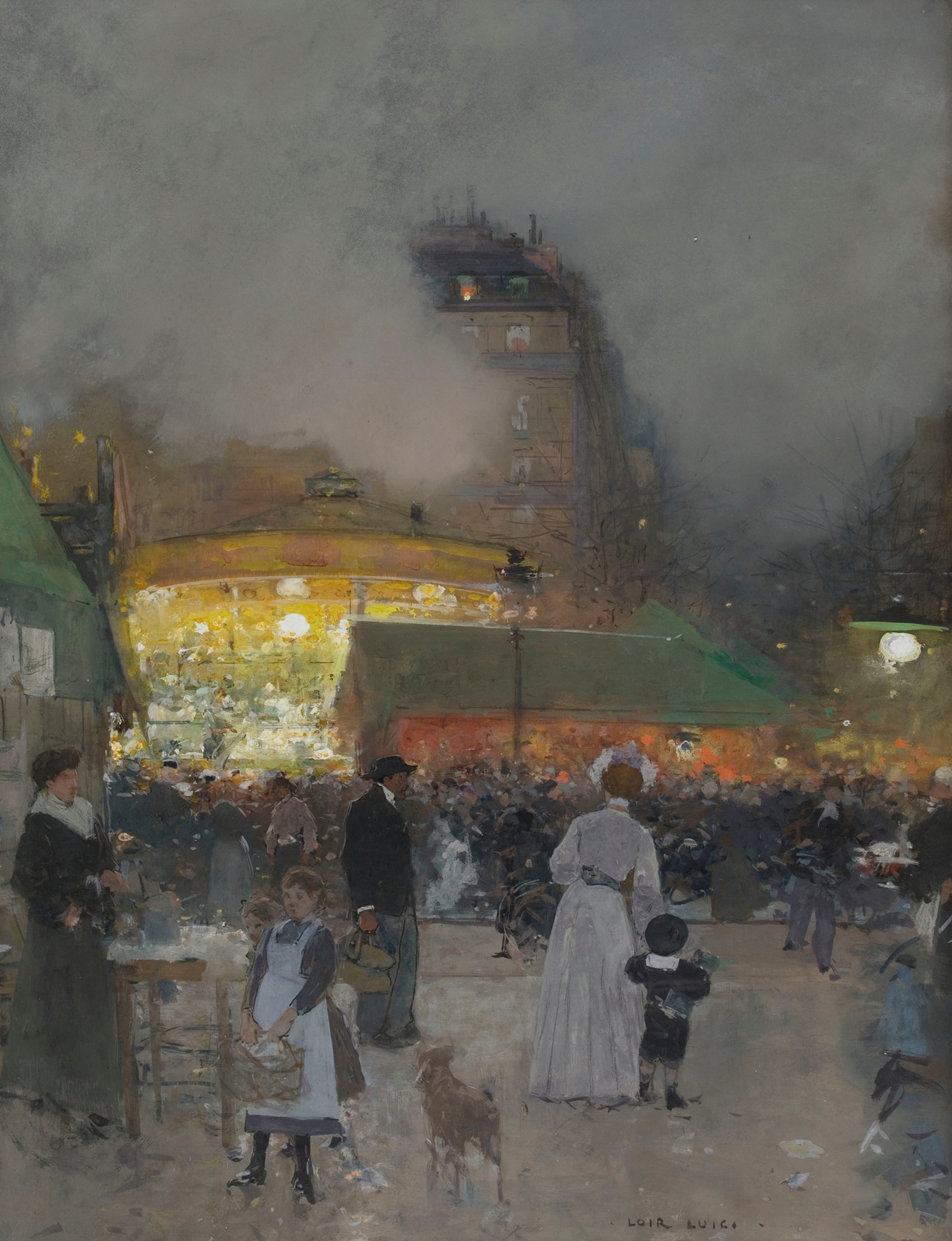 Genre scene depicting a carnival with lights, by Luigi Loir, Impressionism