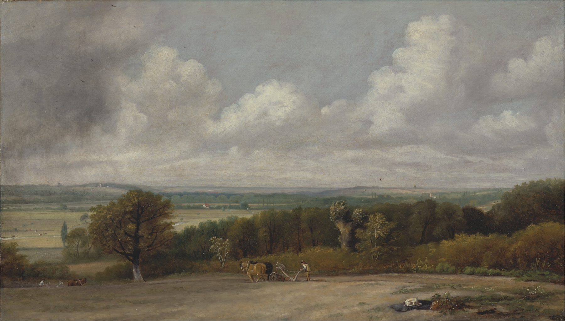 Ploughing Scene in Suffolk by John Constable, oil on canvas, depicting agricultural fields and light.