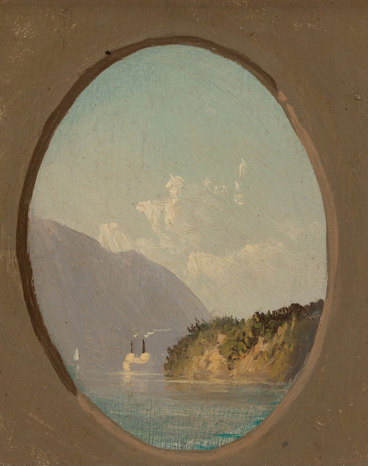 On the Hudson oil painting by John Williamson depicting a tranquil river at sunrise