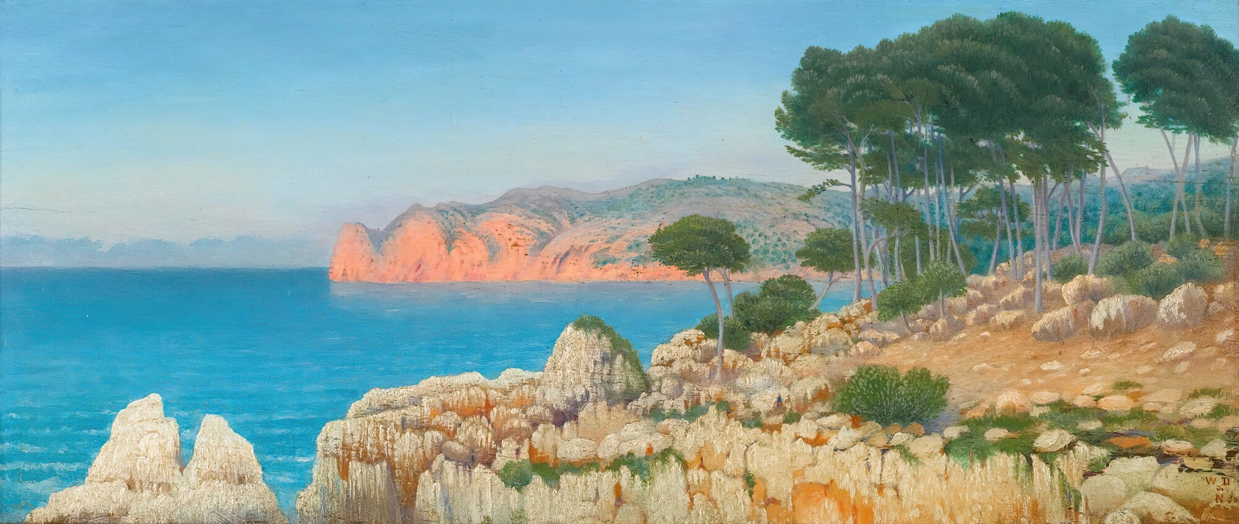 Côte Aux Baléares, oil on canvas by William Degouve de Nuncques, depicting crashing waves and rocky shore.