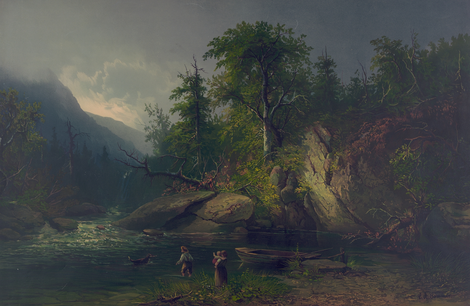 Morning in the Adirondacks, oil on canvas by Edmund Foerster & Co. depicting a misty lake and trees.