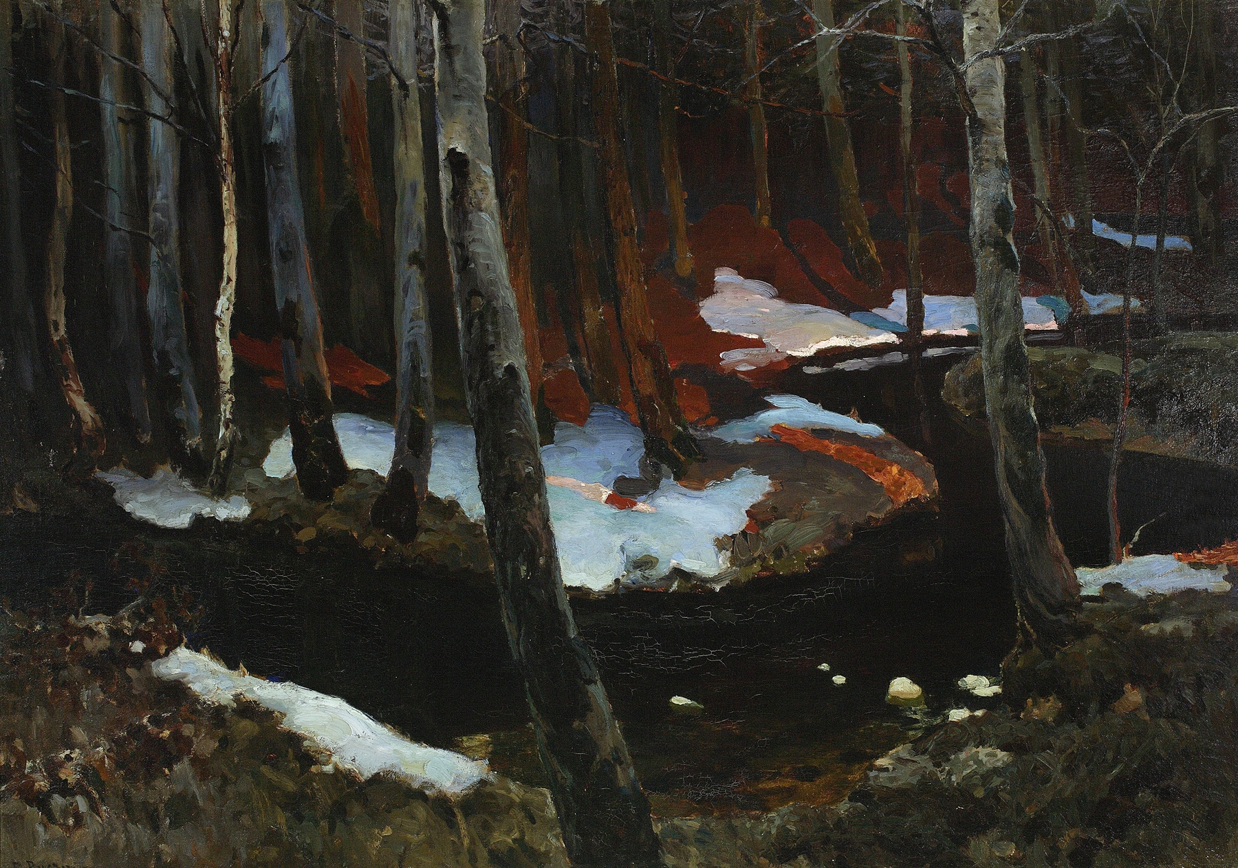 Forest rivulet by Ferdynand Ruszczyc, depicting a tranquil river flowing through a lush forest, oil painting.
