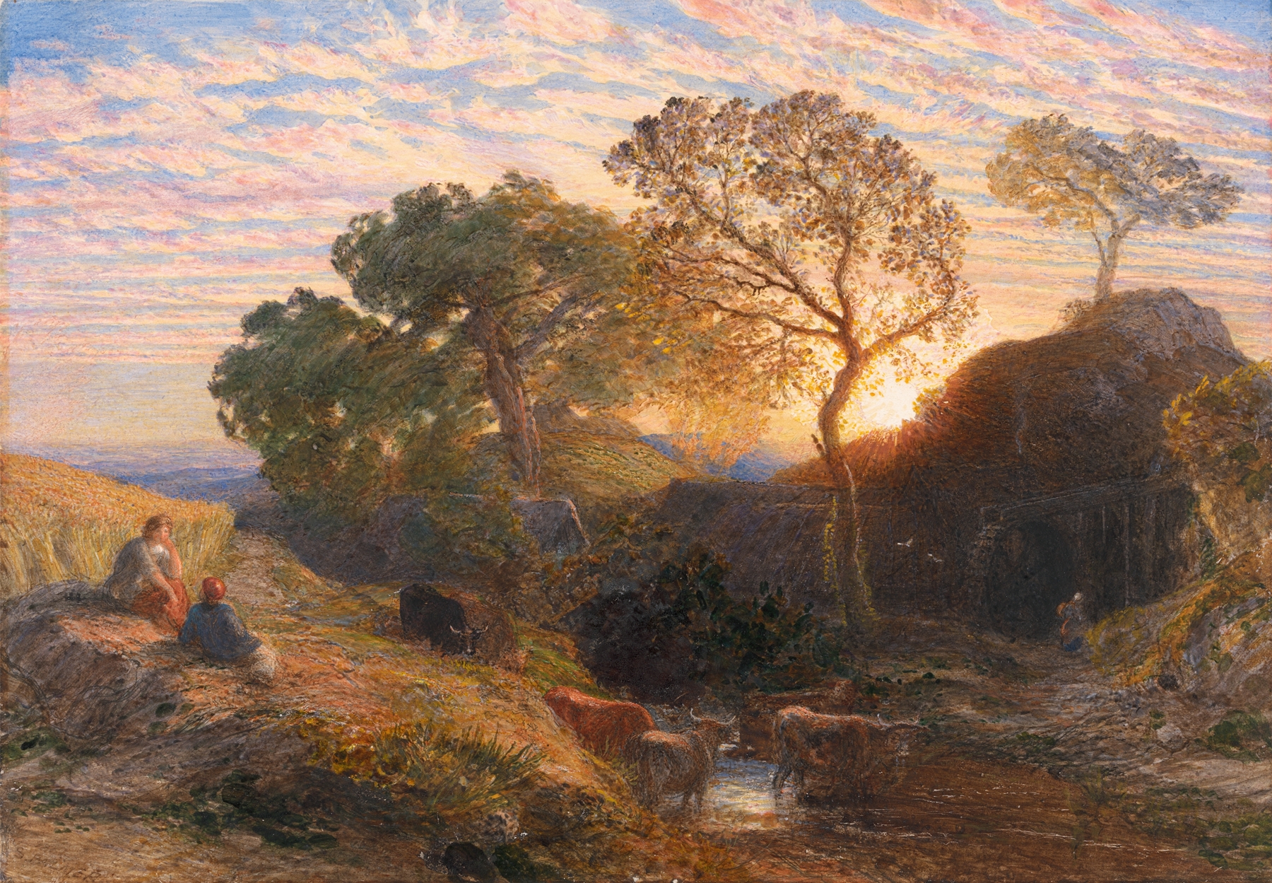 Sunset by Samuel Palmer, oil painting depicting a vibrant landscape with dramatic hues.