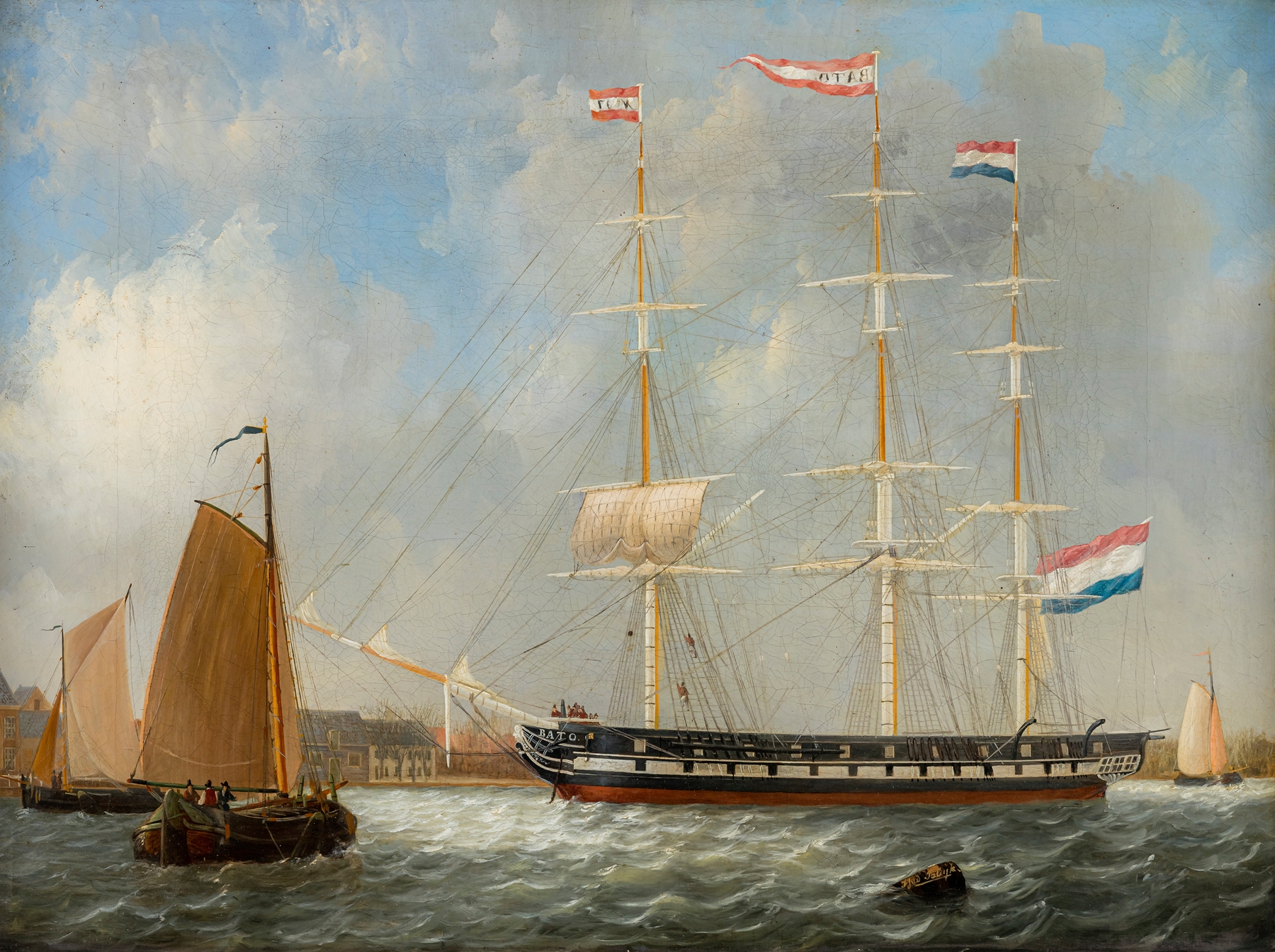 Marine oil painting by Frans Jacobus van den Blijk depicting the ship Bato with light on its hull.