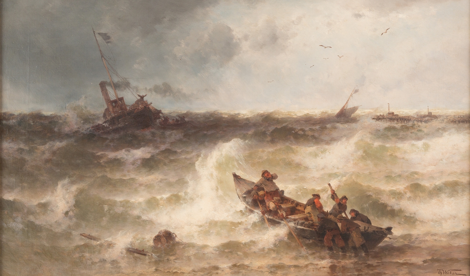 Oil on canvas by Theodor Alexander Weber depicting a shipwreck by the pier during a storm