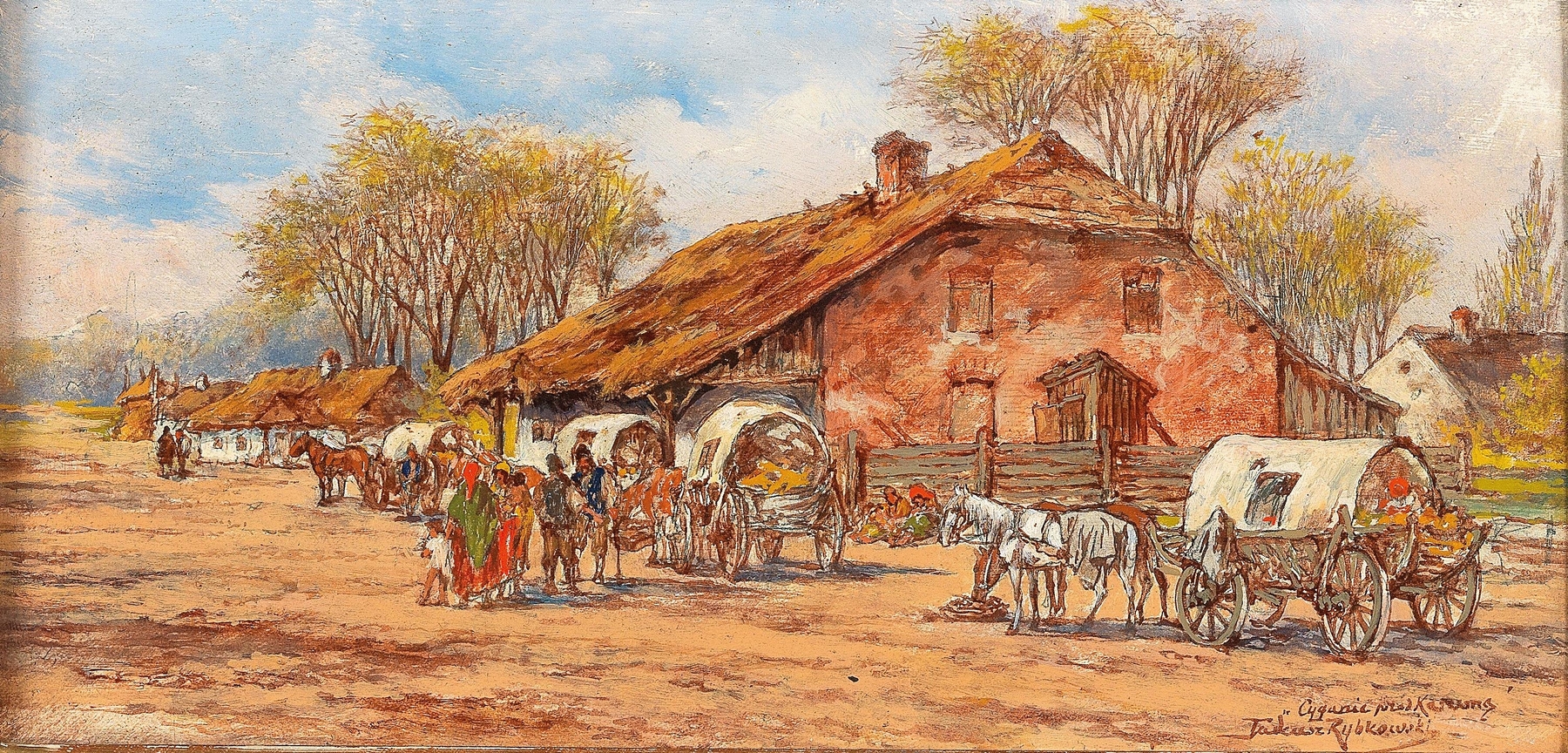 Horses and Carts in a Polish Village by Tadeusz Rybkowski, oil on canvas depicting rural life