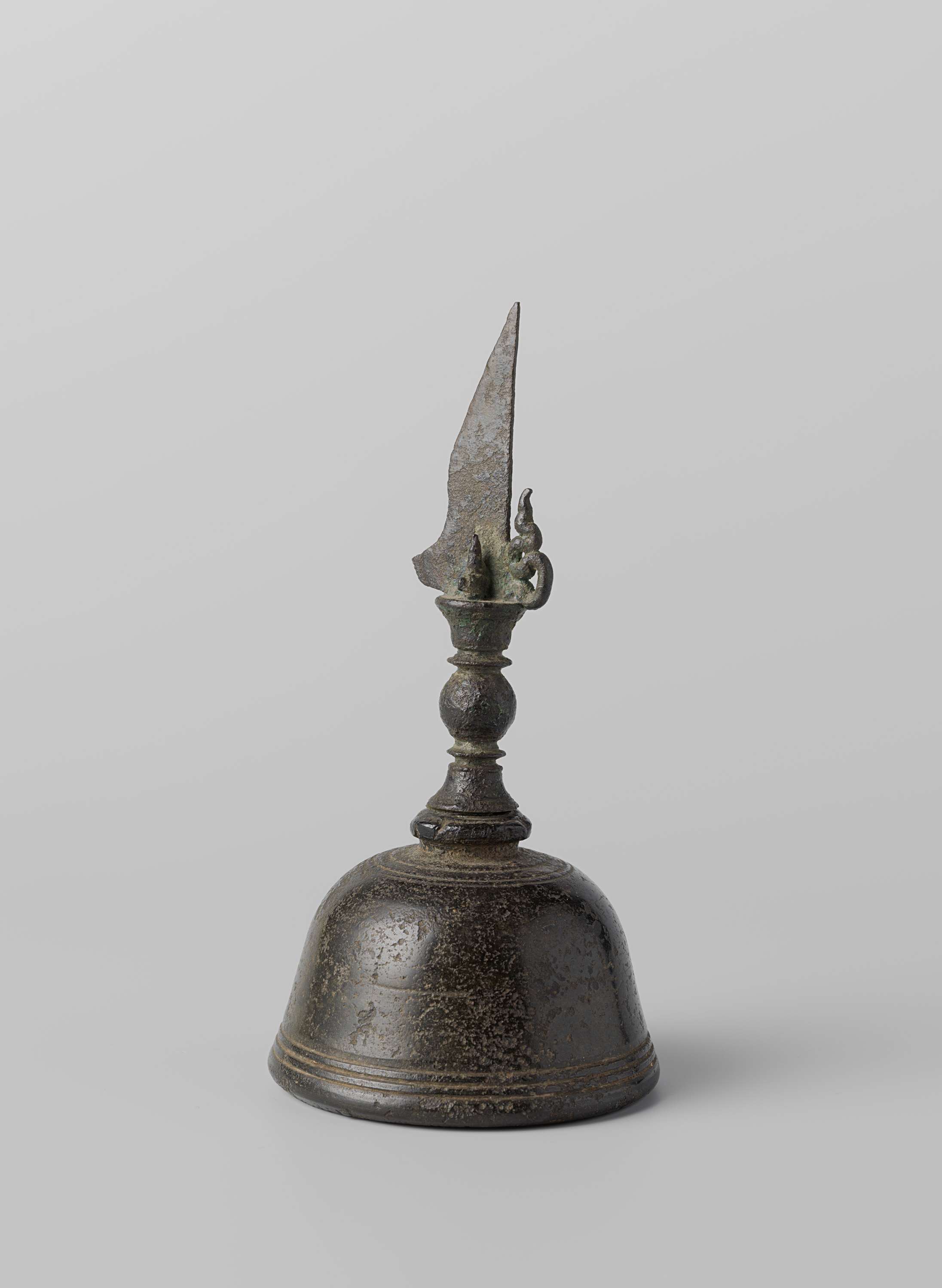Bronze handbell resting quietly, reflecting light and shadows, by Unknown Artist