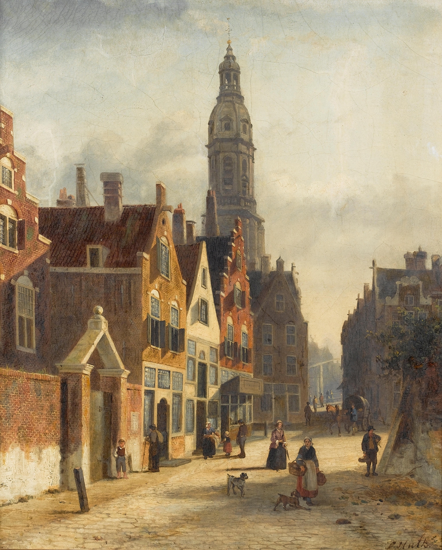 Genre scene of a busy Dutch street, oil on canvas by Johannes Frederik Hulk