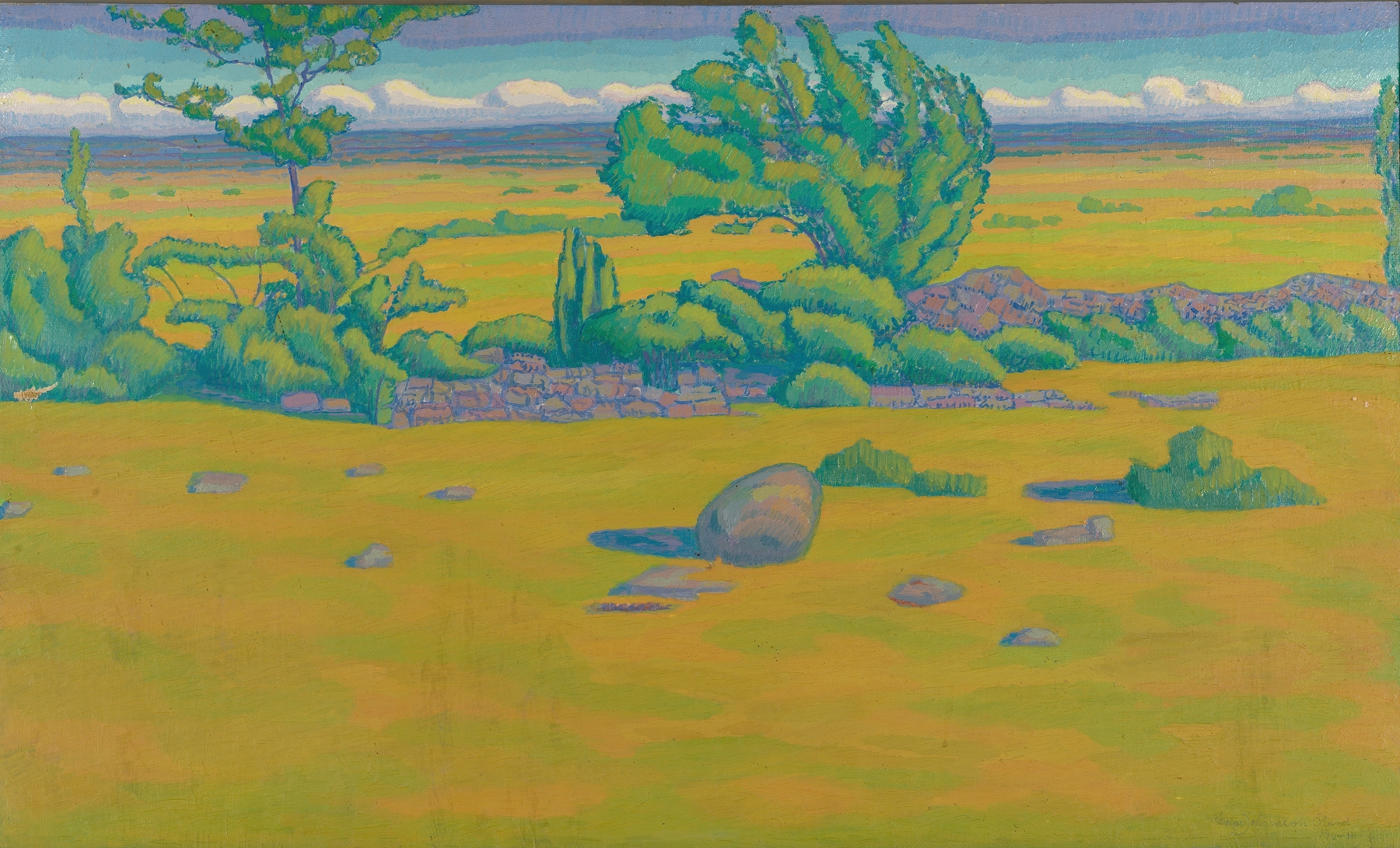 Öland by Helge Johansson, oil on canvas depicting a tranquil seascape with blues and greens.
