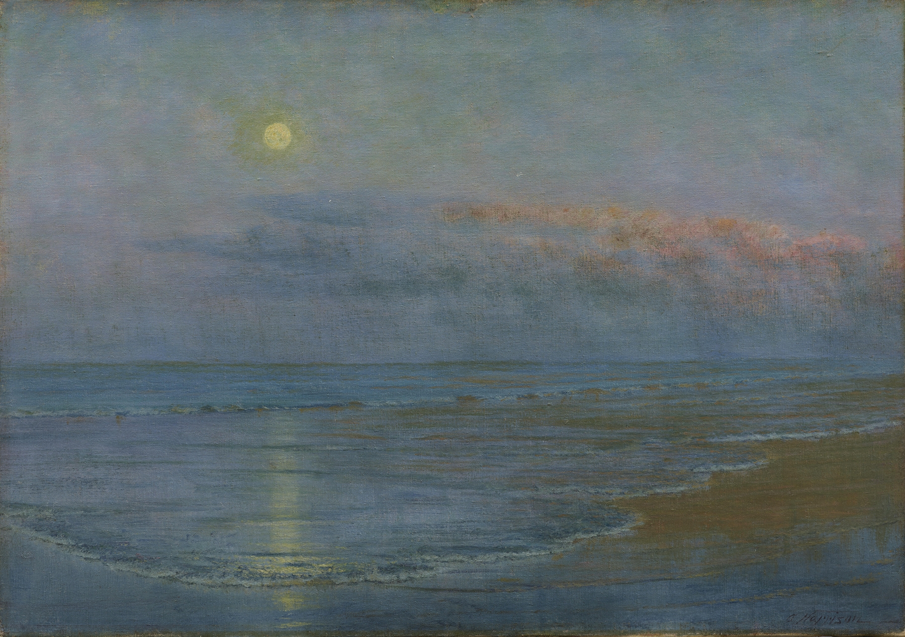 Moonrise by Thomas Alexander Harrison, oil painting depicting a luminous moon over a tranquil night sky.