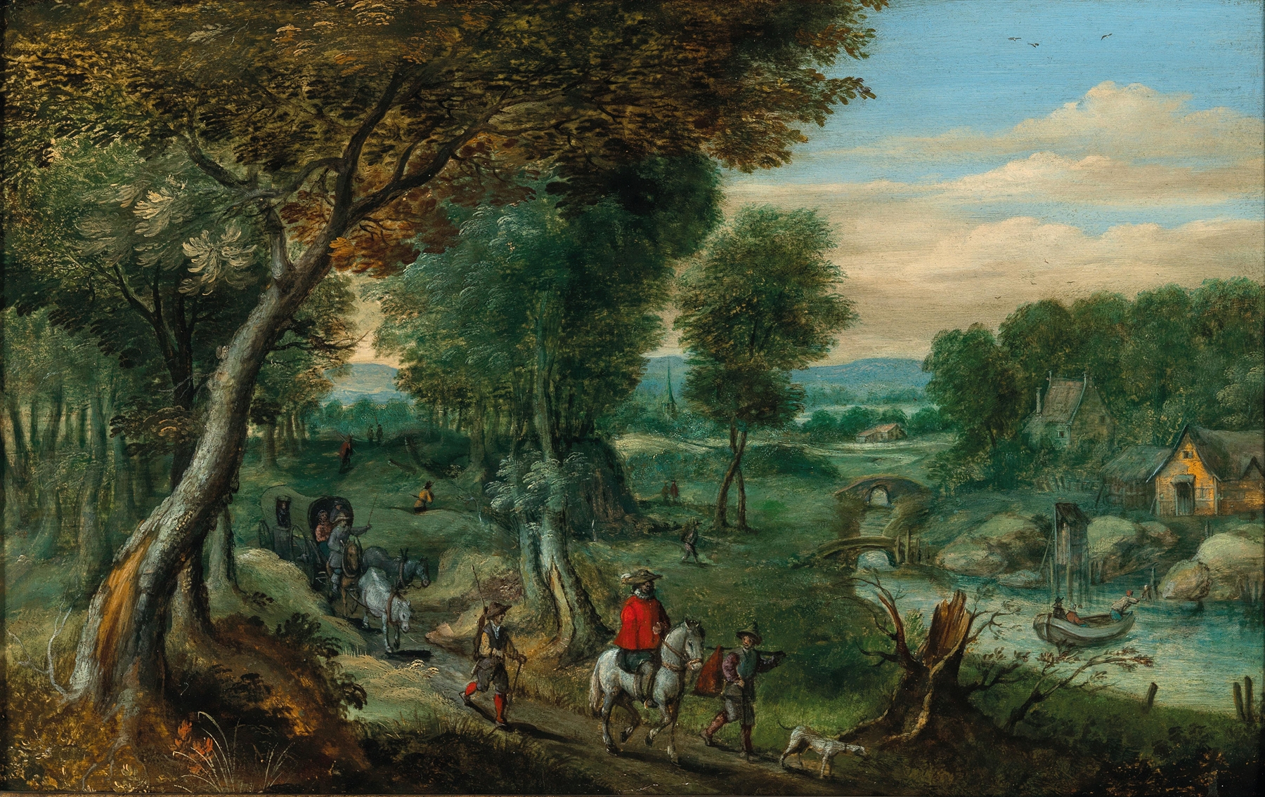 A wooded landscape with travelers by a river, oil on canvas by Mattheus Molanus