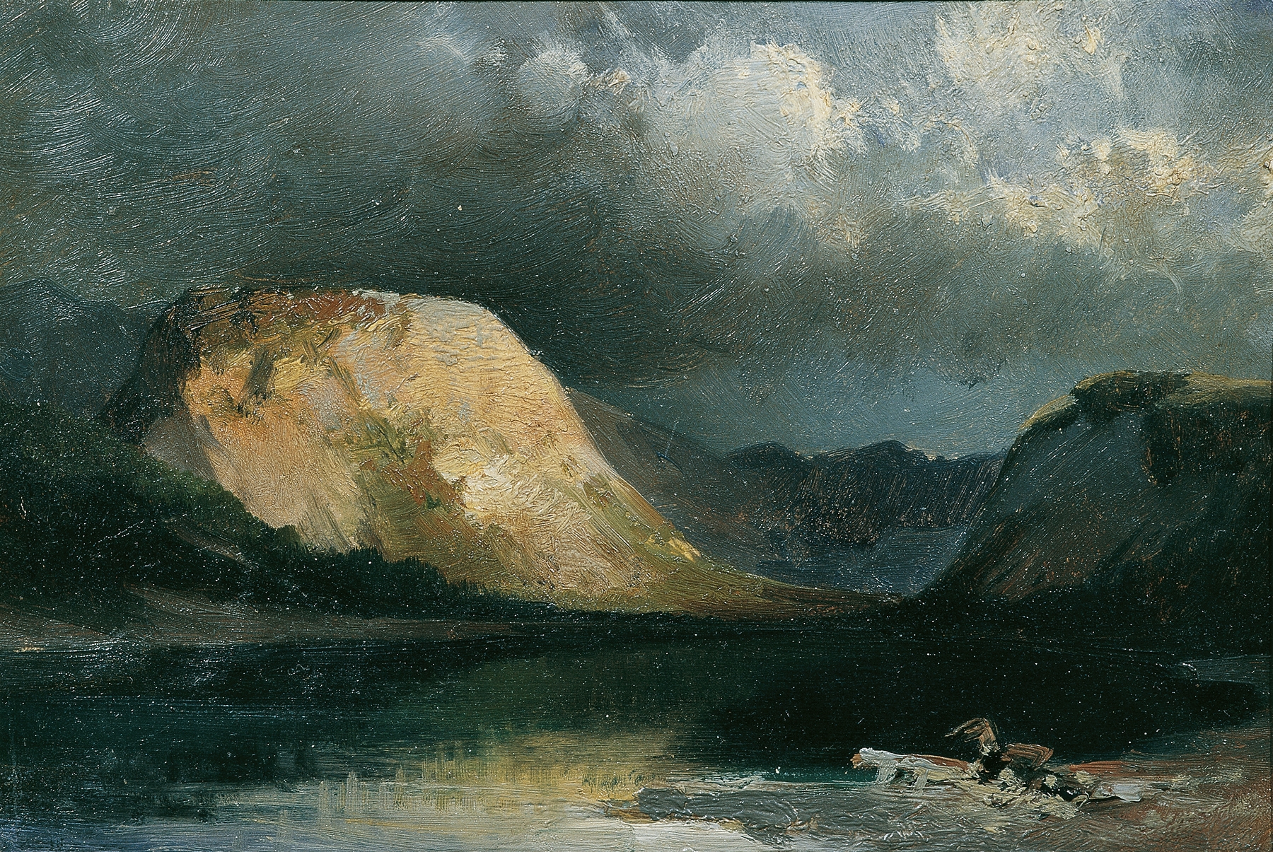 Wocheiner See by Joseph Brunner, impressionism, depicting a tranquil lake and trees.