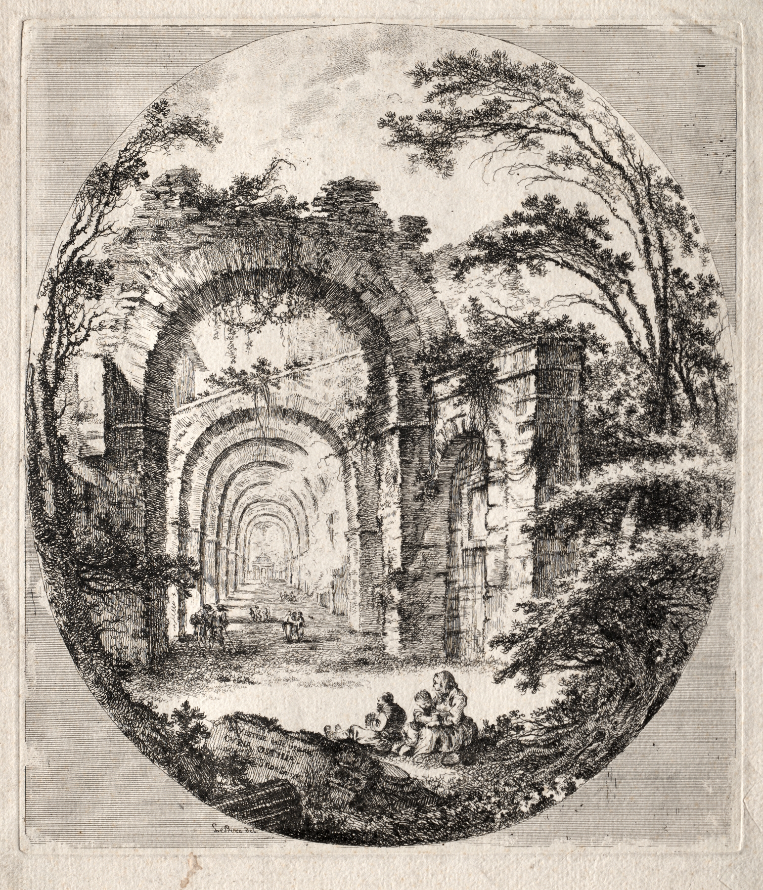 Ancient Ruins by Jean-Claude-Richard de Saint-Non, Rococo, depicting crumbling columns and a decayed landscape.