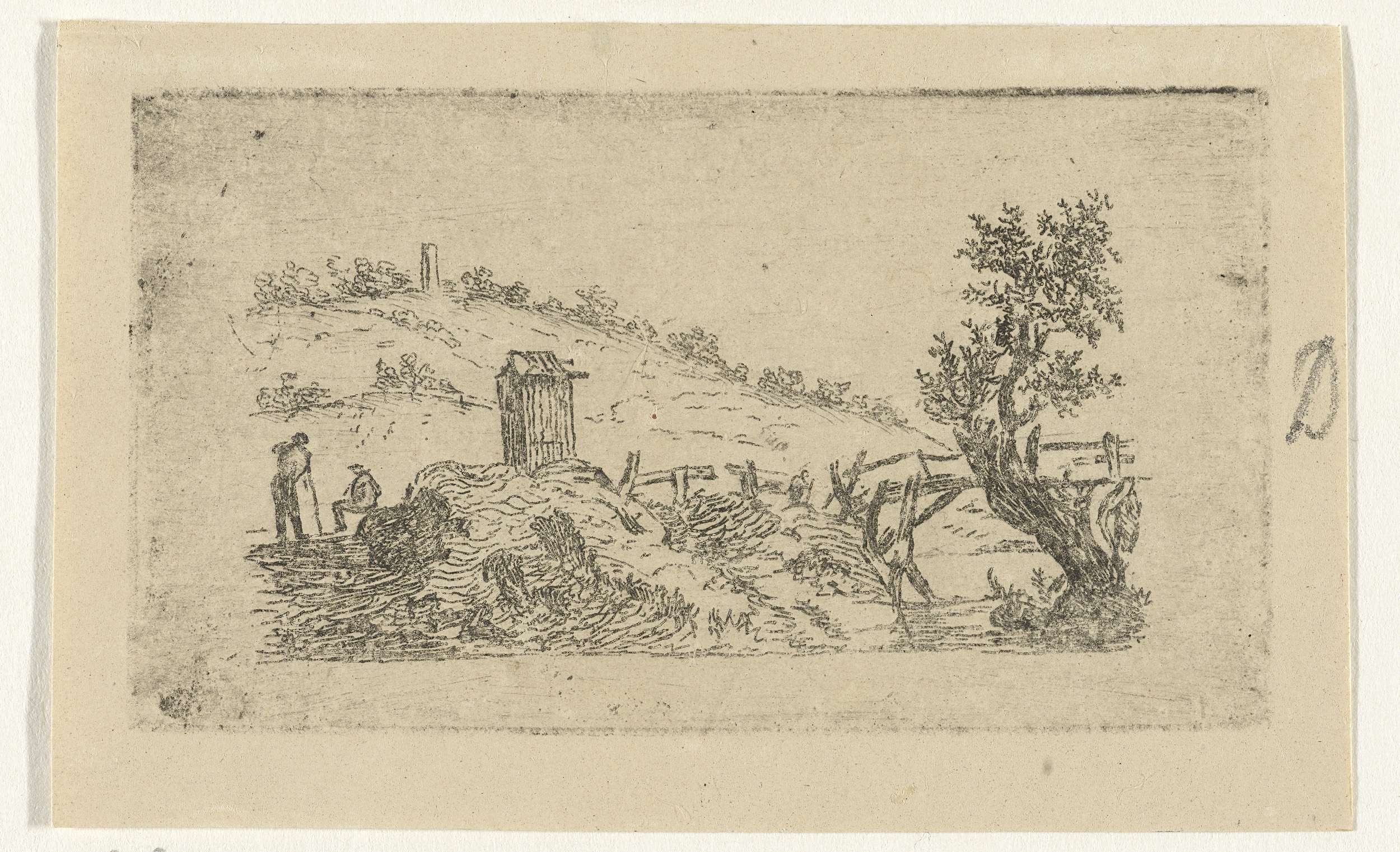Etching by Reinierus Albertus Ludovicus baron van Isendoorn à Blois featuring a wooden bridge over a stream