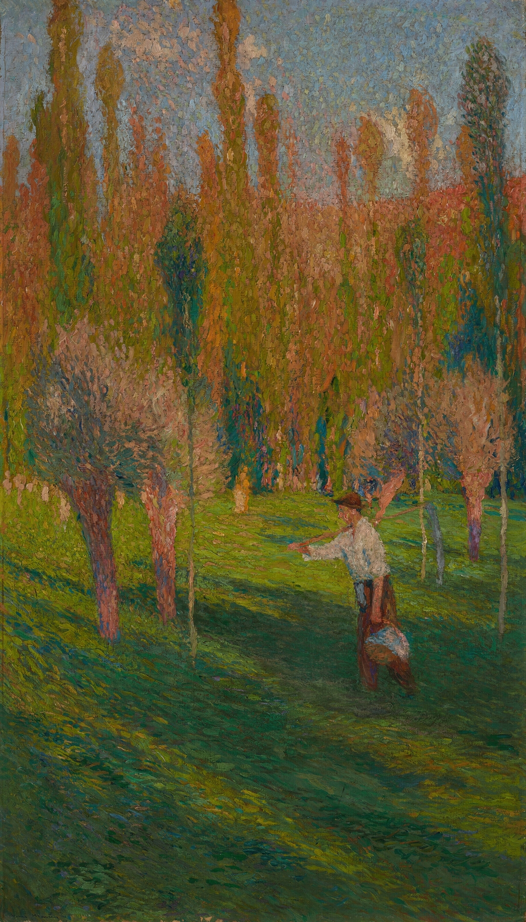 Figurative oil painting by Henri Martin depicting a harvest worker in golden fields.
