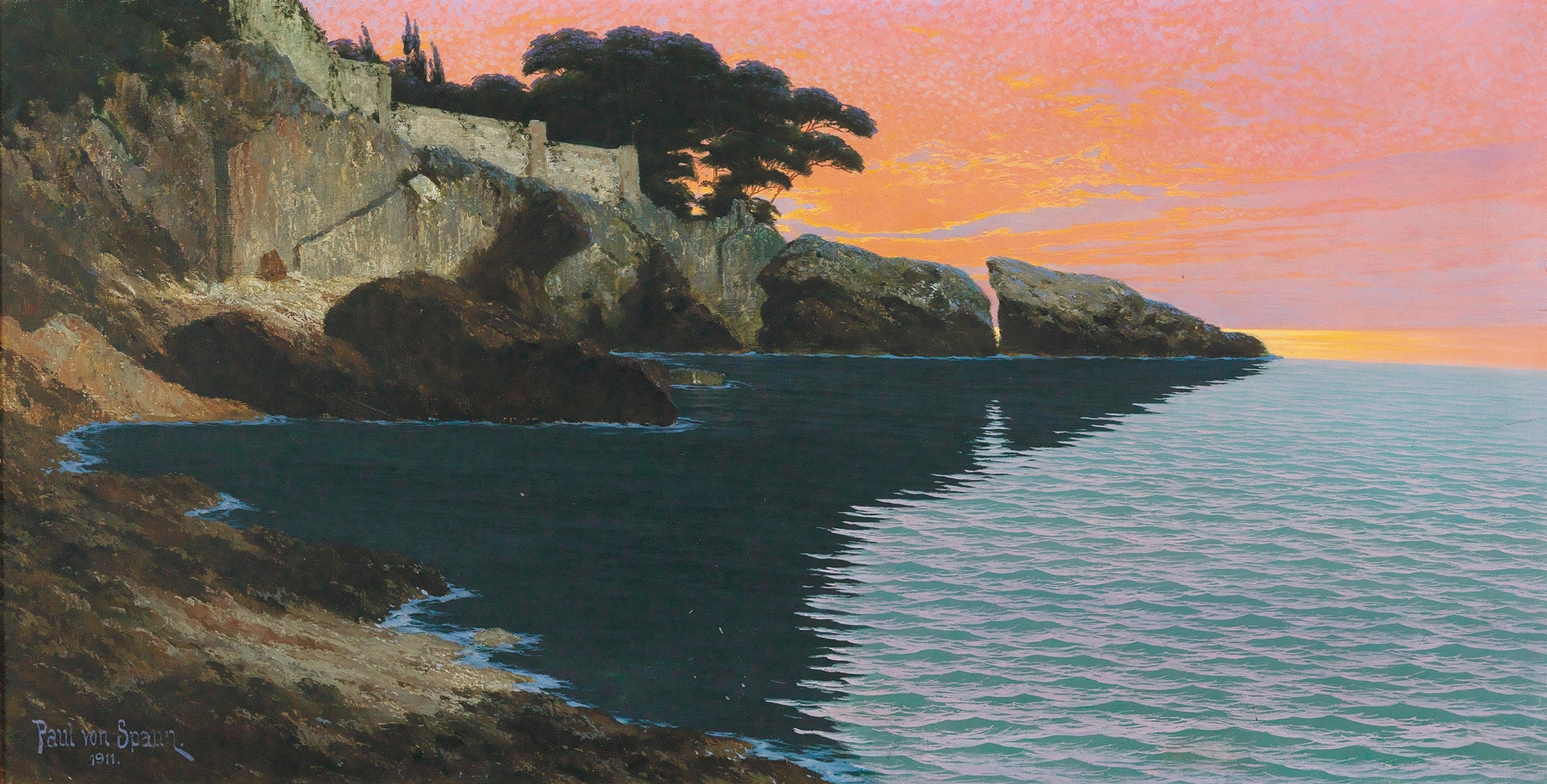 Romanticism marine scene by Paul Von Spaun, depicting a sunset over the sea.