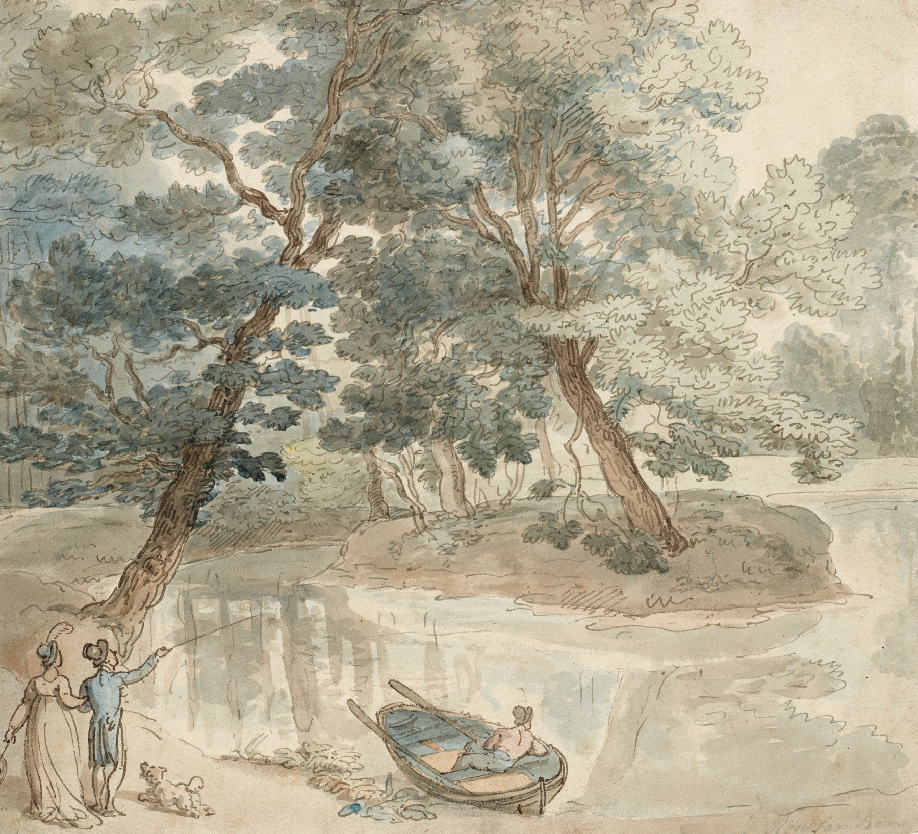 Elegant figures with a dog, by a lake, by Thomas Rowlandson, public domain