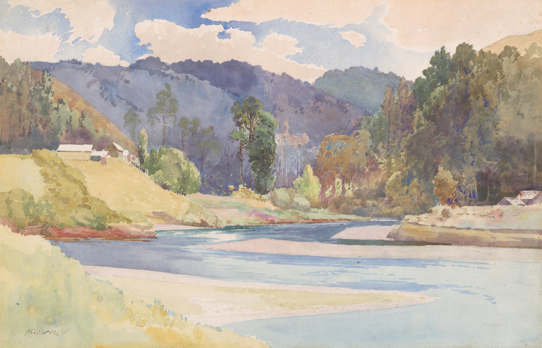 Waikanae by Frank Wright, depicting azure waters and soft grasses, Post-Impressionism