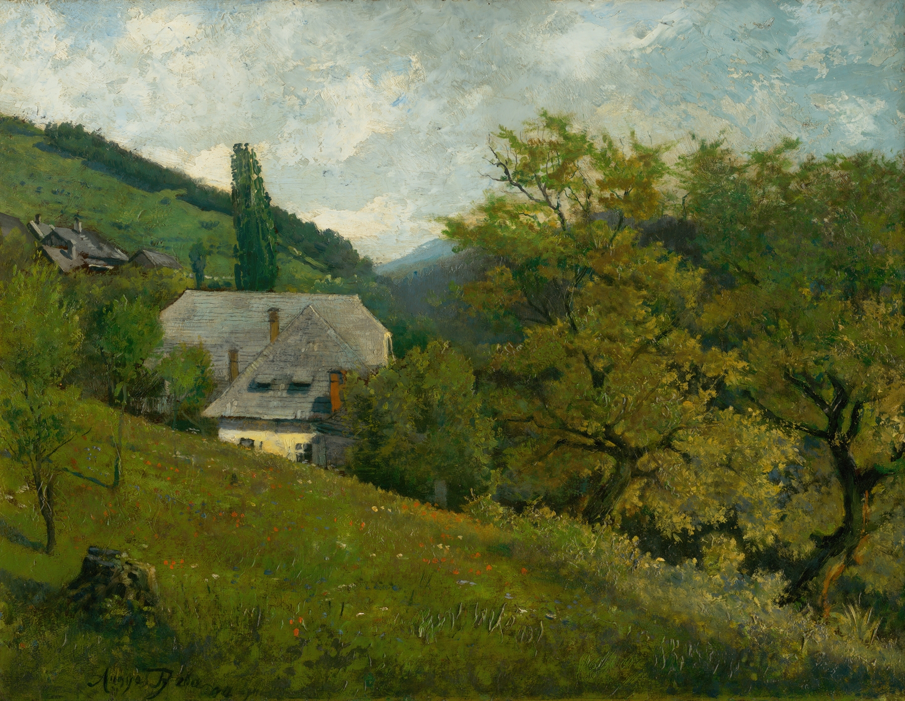 Landscape near Kremnica by Vojtech Angyal, oil painting depicting rolling hills and golden light.