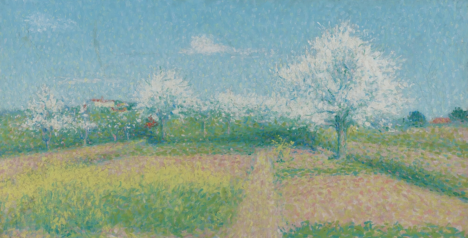 Oil painting by Achille Laugé depicting a landscape with trees and golden light