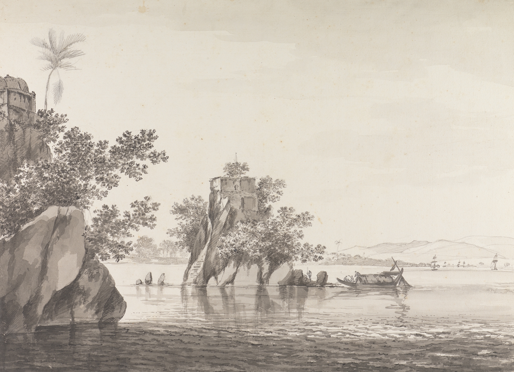 Landscape drawing with lush greens and serene waters by William Hodges