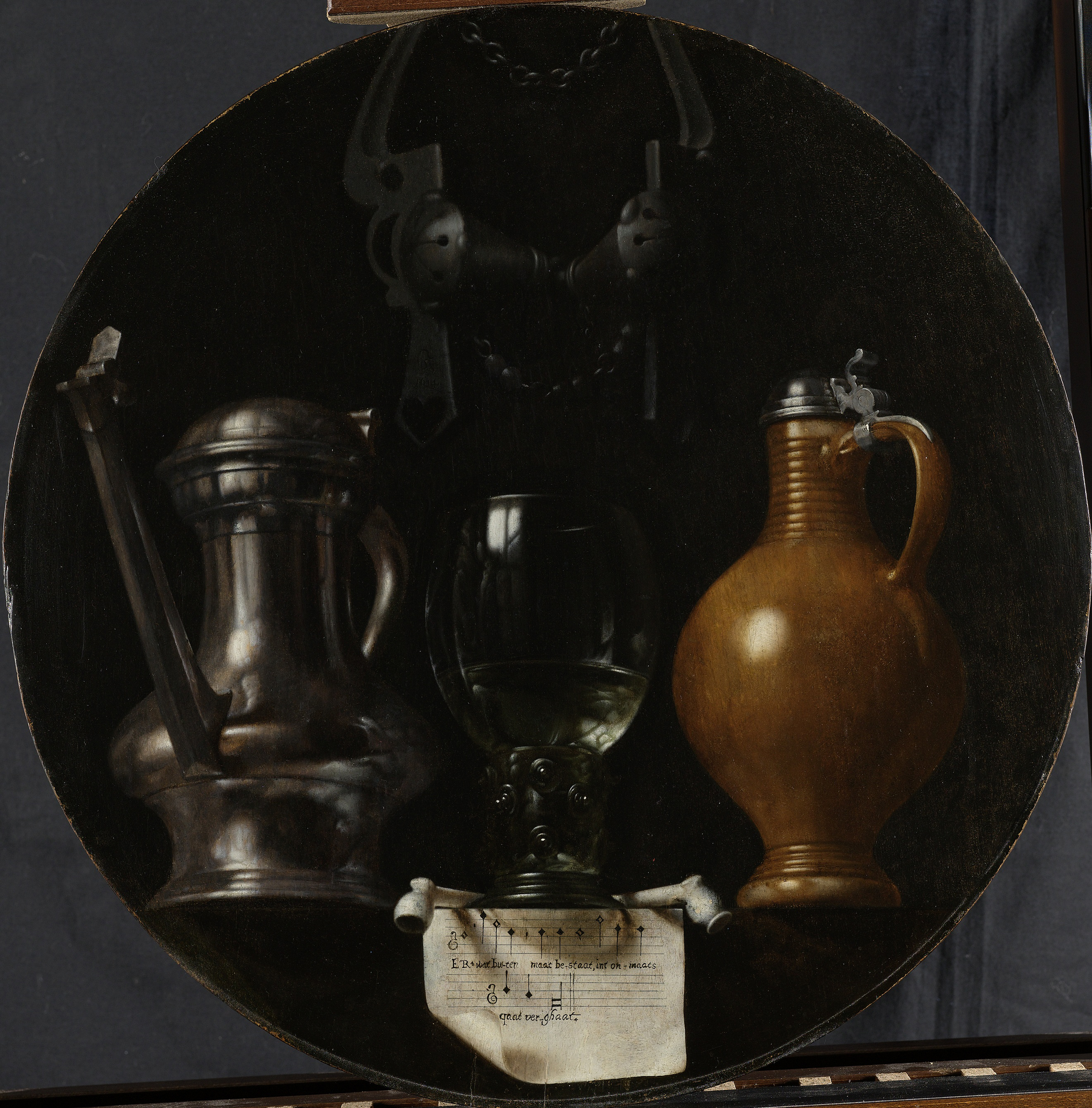 Emblematic Still Life with Flagon, Glass, Jug and Bridle, by Johannes Torrentius, public domain