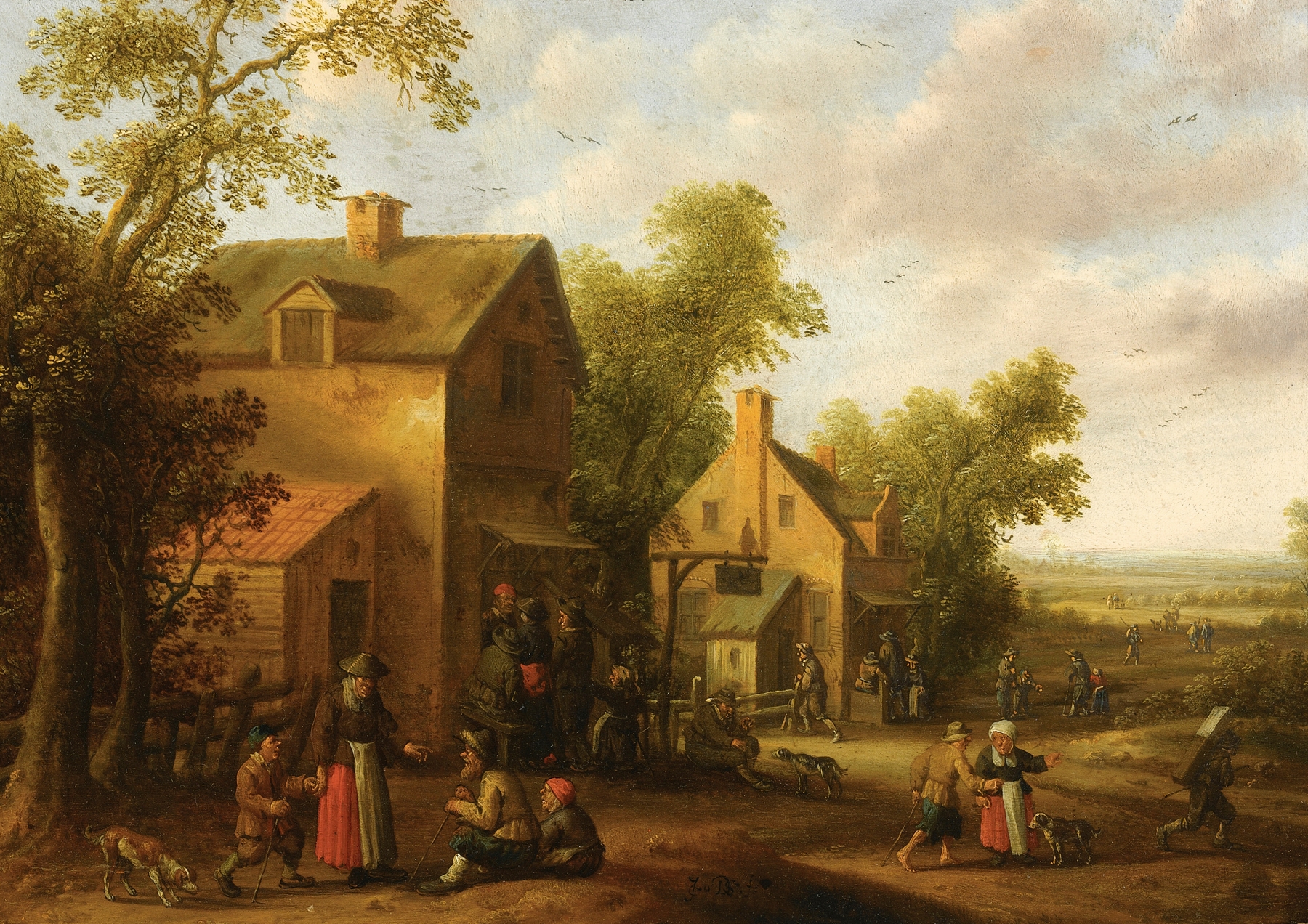 Village scene with peasants, oil on panel by Joost Cornelisz Droochsloot