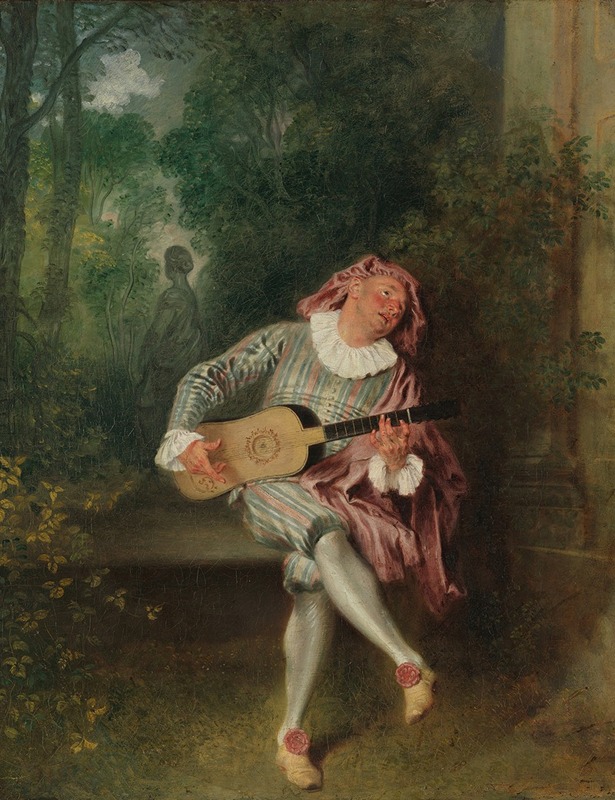 A young man in a feathered hat plays a violin in a lush garden setting.