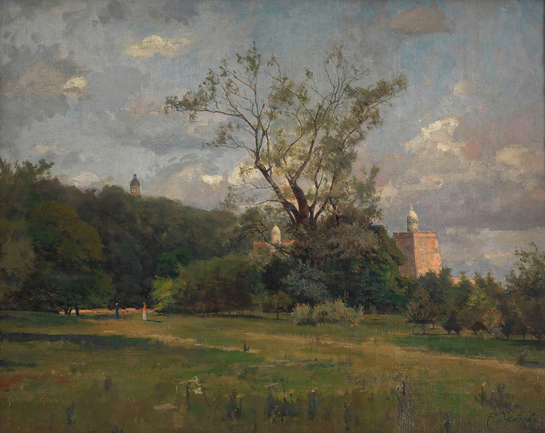 Genre scene depicting twilight with figures and foliage by Eduard Zetsche, oil painting, 1879