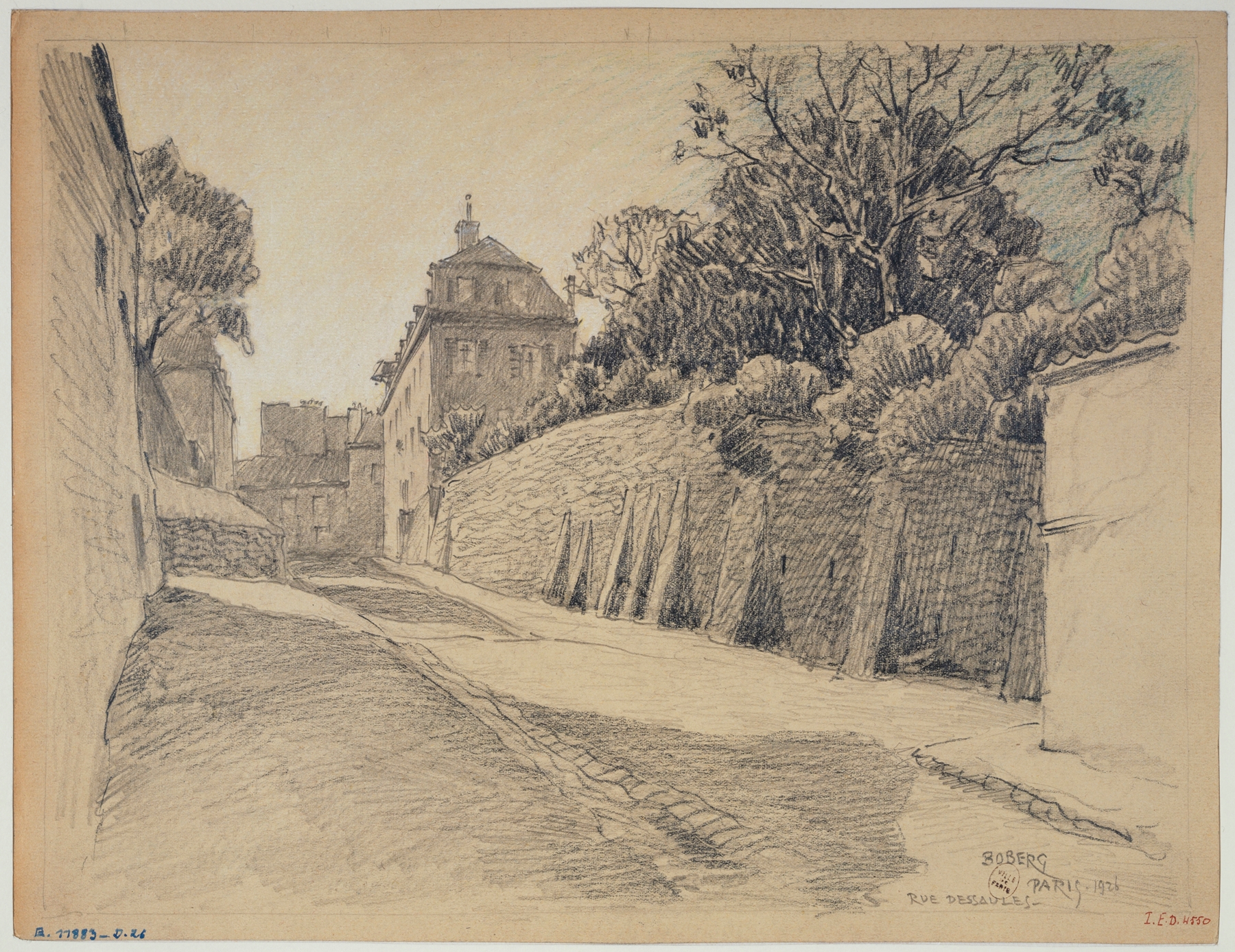 La rue des Saules by Ferdinand Boberg, oil painting depicting a quiet Parisian street with trees.
