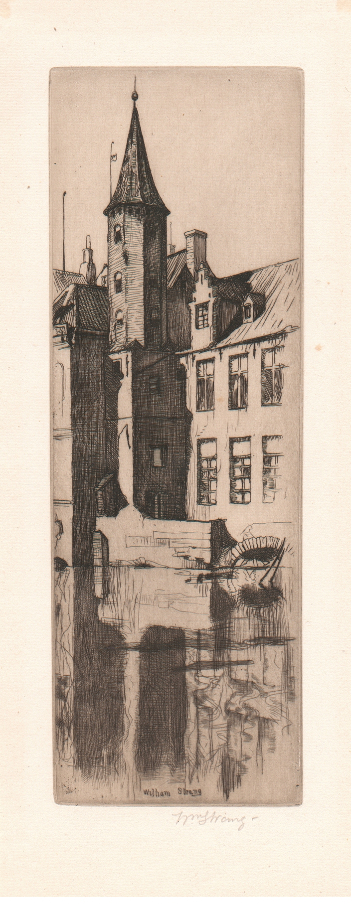 Engraving by William Strang depicting the Quay of the Rosary, Bruges, with water reflections