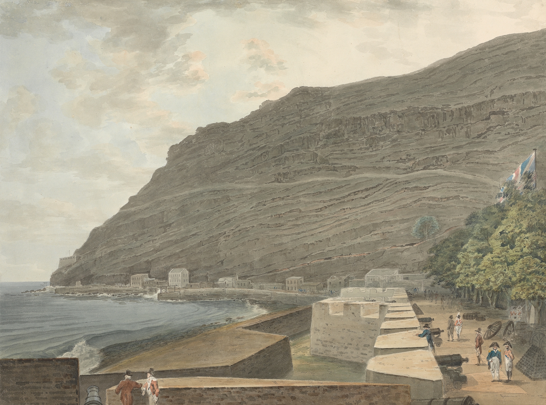 A Coastal Fort by Samuel Davis, oil painting depicting a coastal fortress against rolling waves.