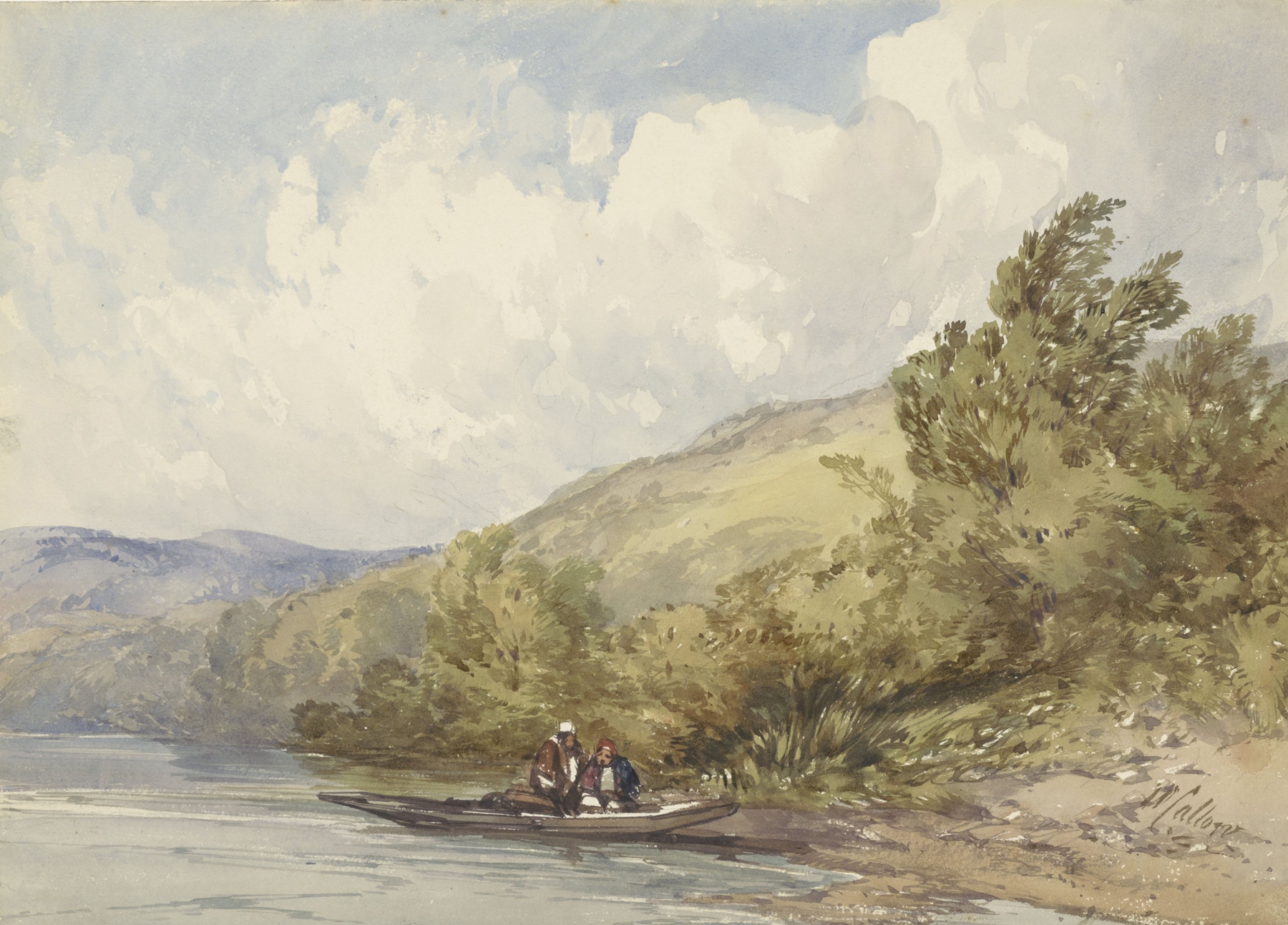 Heuvellandschap met een meer en een boot met twee figuren, by William Callow, public domain