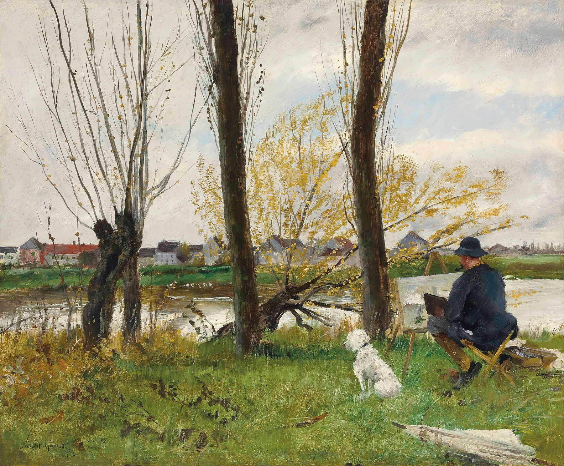 Impressionism oil painting by Norbert Goeneutte depicting a painter by a river.