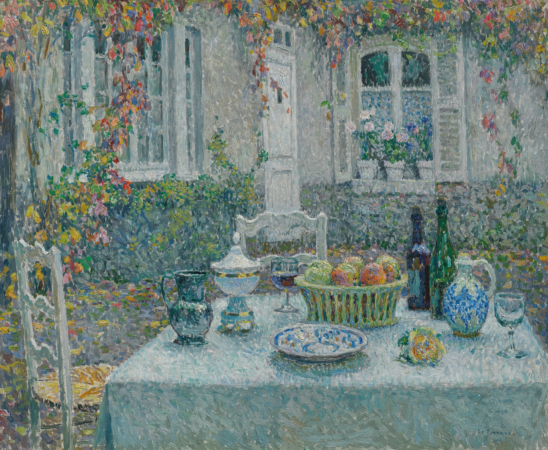 Still life of a wooden table with soft light, oil painting by Henri Le Sidaner