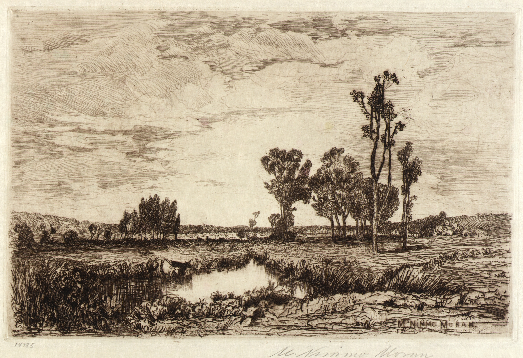 Cattle in a Pond by Mary Nimmo Moran, oil painting depicting cattle near water.