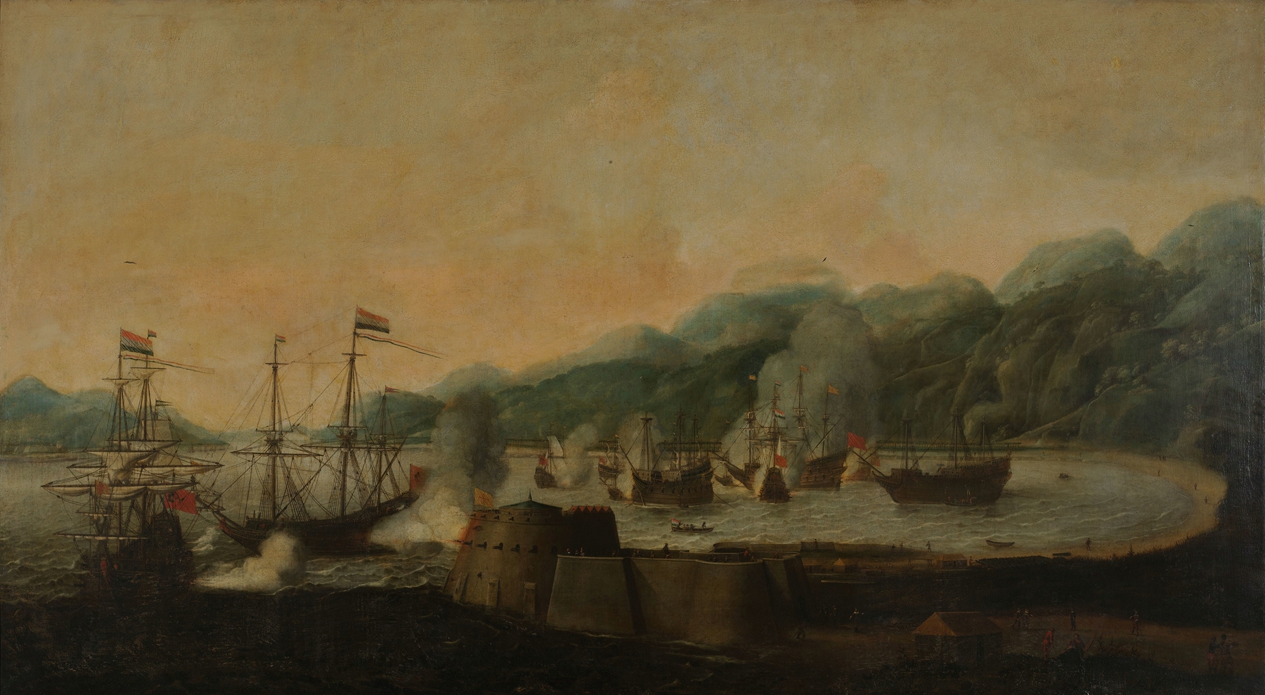 Naval battle scene with Dutch squadron and Portuguese galleons by Hendrick van Anthonissen, oil painting