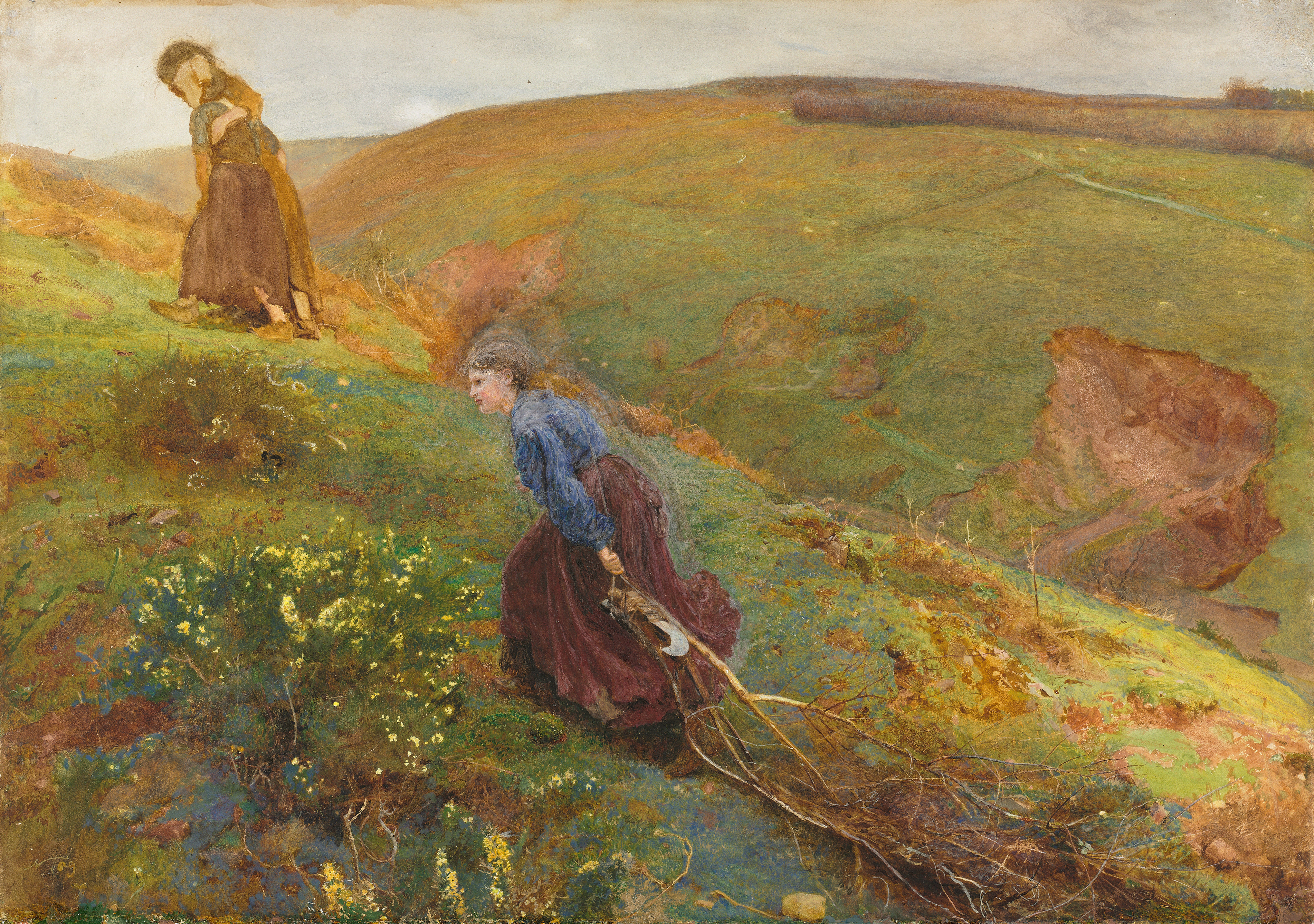 The Wood Gatherers by John William North, oil on canvas depicting figures gathering wood in a tranquil landscape.