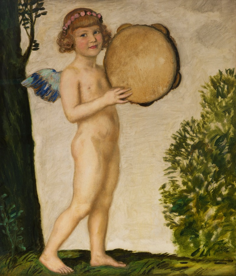 Franz von Stuck's 'Eros mit Tamburin' depicts a mythological figure with vibrant colors.